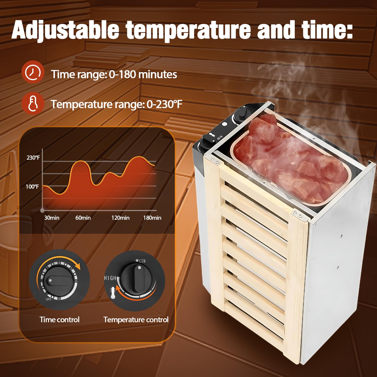 Poêle de sauna électrique 3,6 kW 220 V - Régulation de la température interne - Bois composite en acier inoxydable - Haut rendement - Chauffage à vapeur pour la maison, l'hôtel, le bureau, le spa