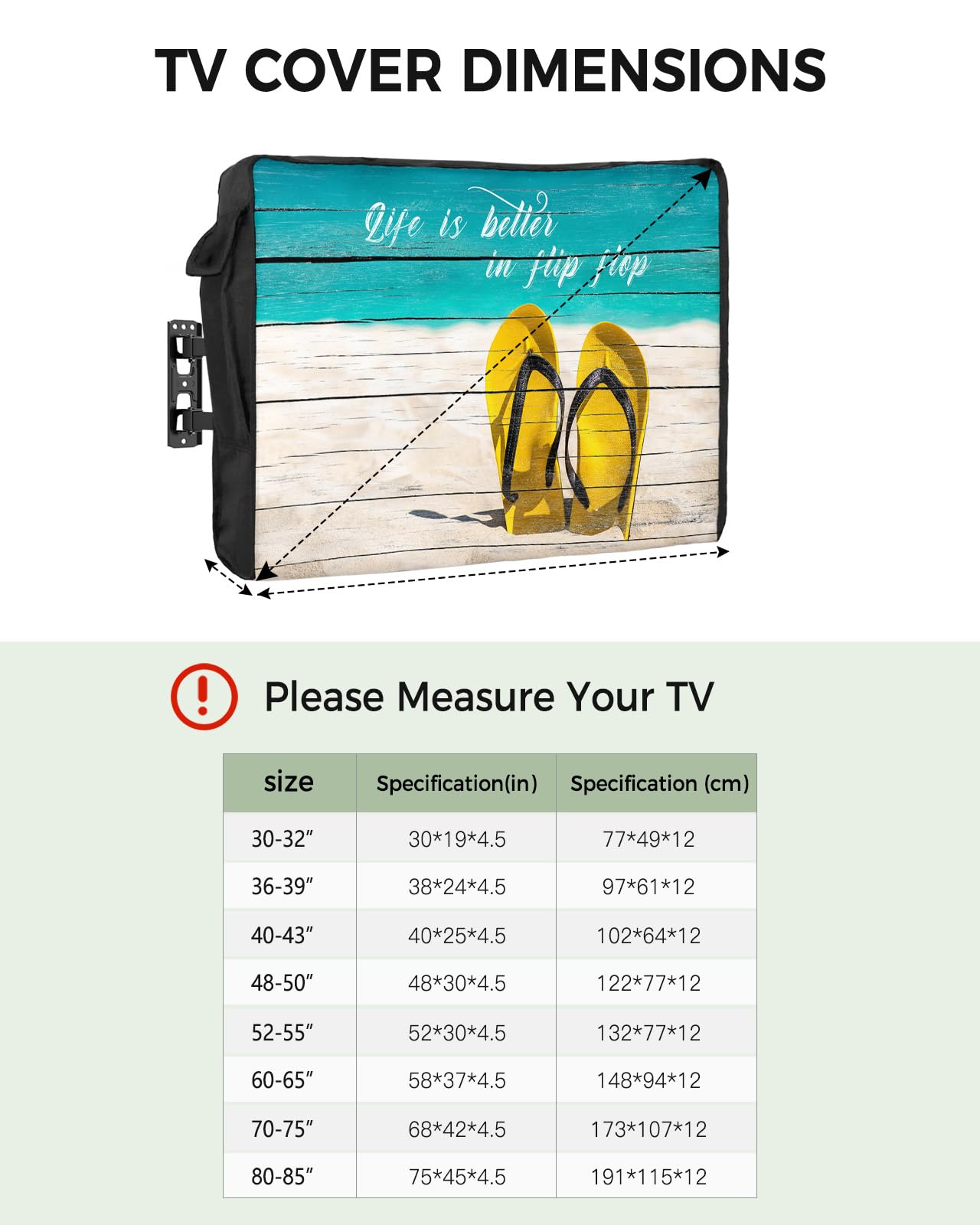 Yukro Outdoor TV Cover 70 to 75 Inches, Beach Summer Teal Wooden Grain Waterproof and Weatherproof TV Cover with Remote Control Pocket, Flat Screen TV Cover Protector for Outside TV