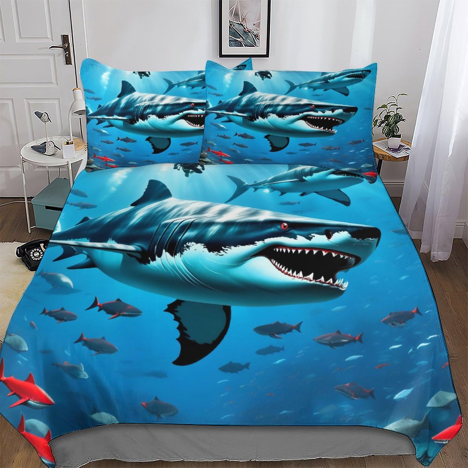 Housse de couette requin 3D en microfibre premium lit king size 220x240cm