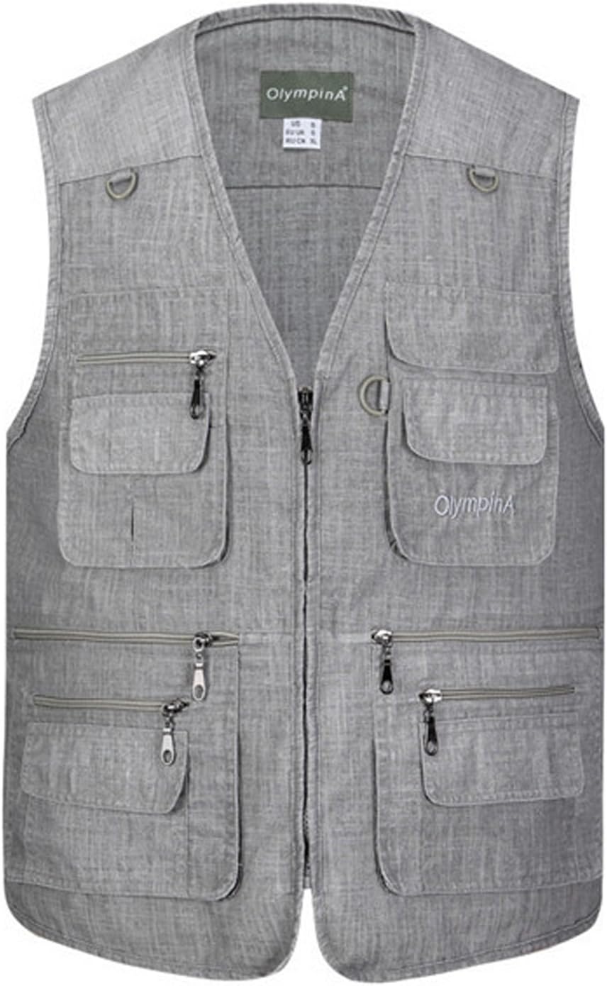 Flygo Men's Summer Outdoor Work Safari Fishing Travel Photo Vest with Pockets (Large, Style 02 Light Grey)