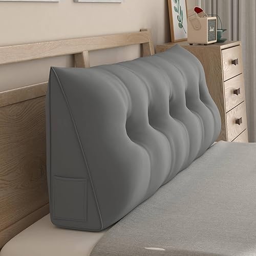 Miniatura 3 de CECER Almohada de cabecera de cama matrimonial, almohada triangular grande para lectura con dos bolsillos laterales, cojín largo de cuña para cama o