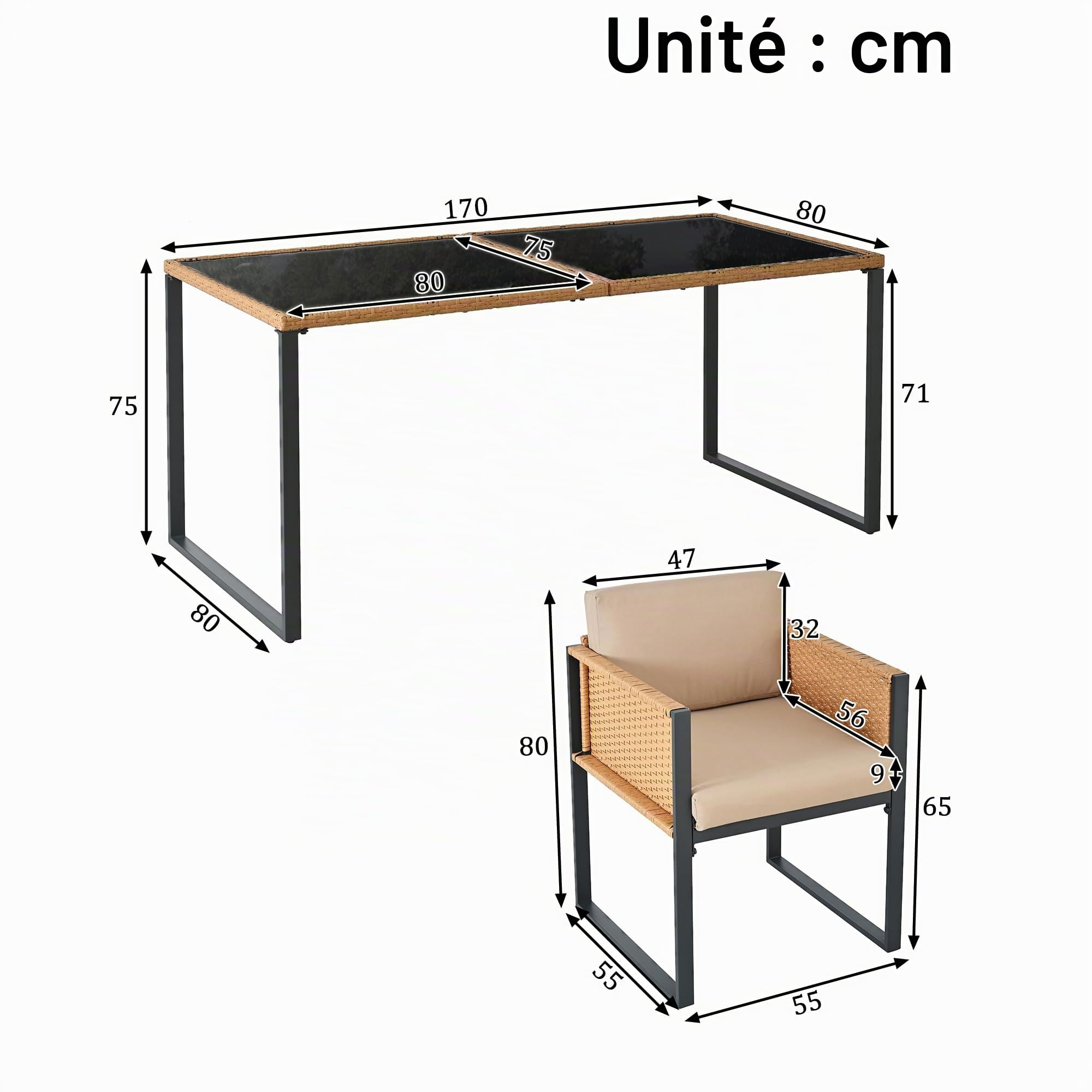Table et Chaise de Jardin Exterieur 6 Personnes–Ensemble Repas avec Plateau Verre et Coussins Déhoussables–Structure Acier Anti-Rouille,Rotin Tressé – Idéal pour Terrasse et Jardin (Brown Noir)
