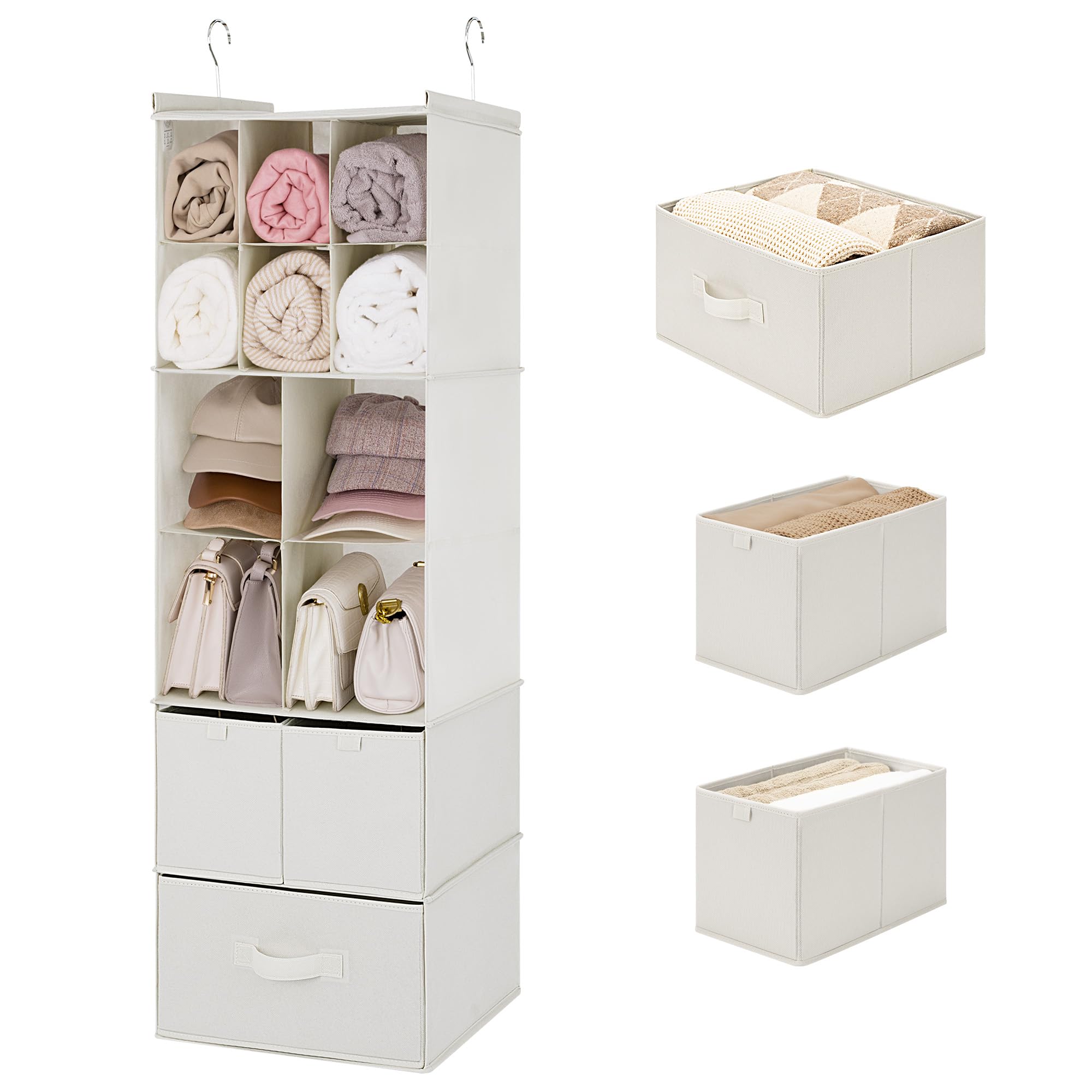GRANNY SAYS Hängender Schrankorganizer mit Schubladen, 6 Regalteiler Hängender Schrankorganizer, tragbare, Faltbare Hängeregal für Schrank, Studentenwohnheim, Schlafzimmer, Kinderzimmer, Beige