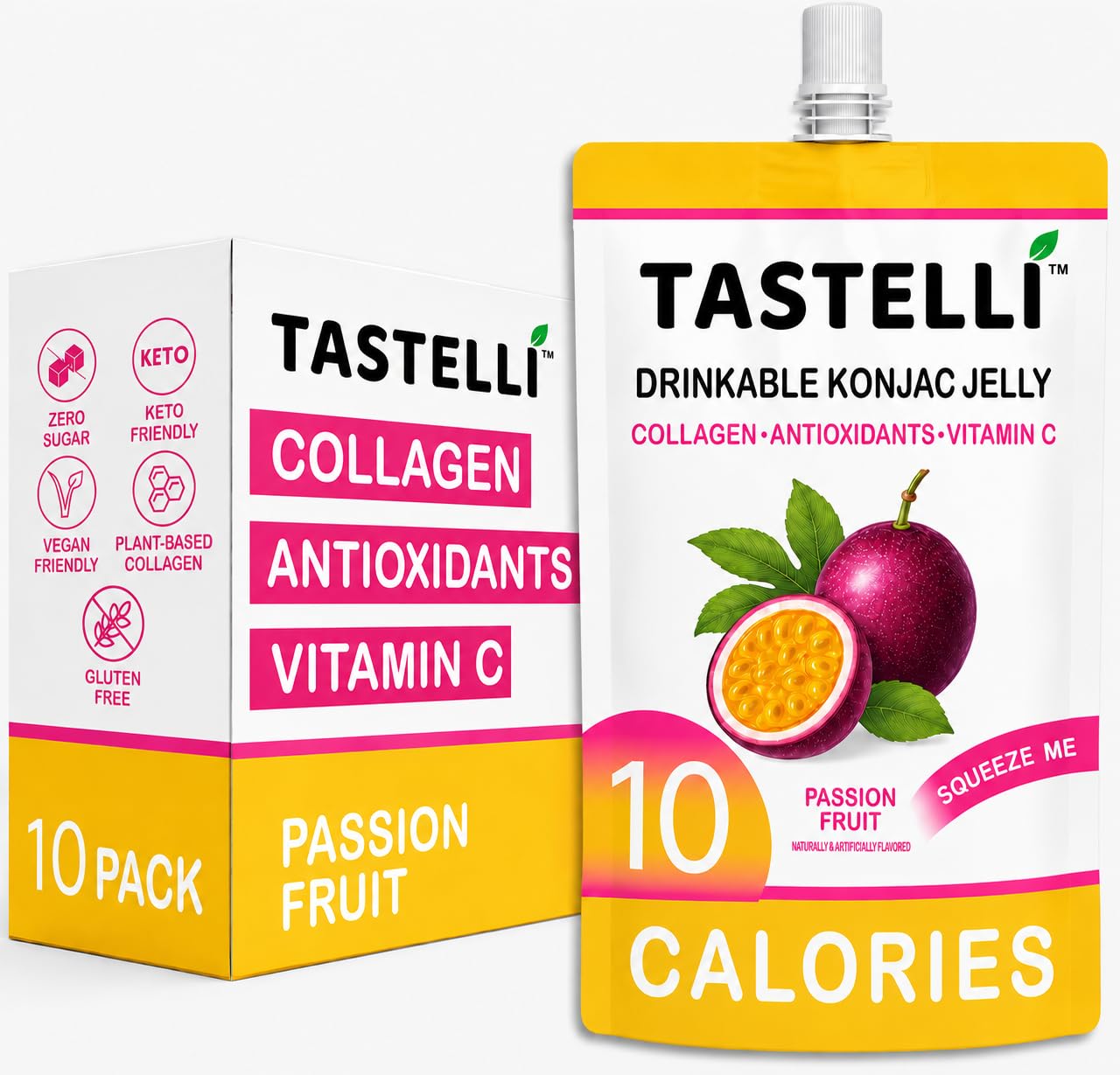 Tastelli Passion Fruit Konjac Jelly with Collagen & Vitamin C | Sugar Free Gluten Free Low Calorie | Vegan Fruit Snack | 150mL x 10 Pouches