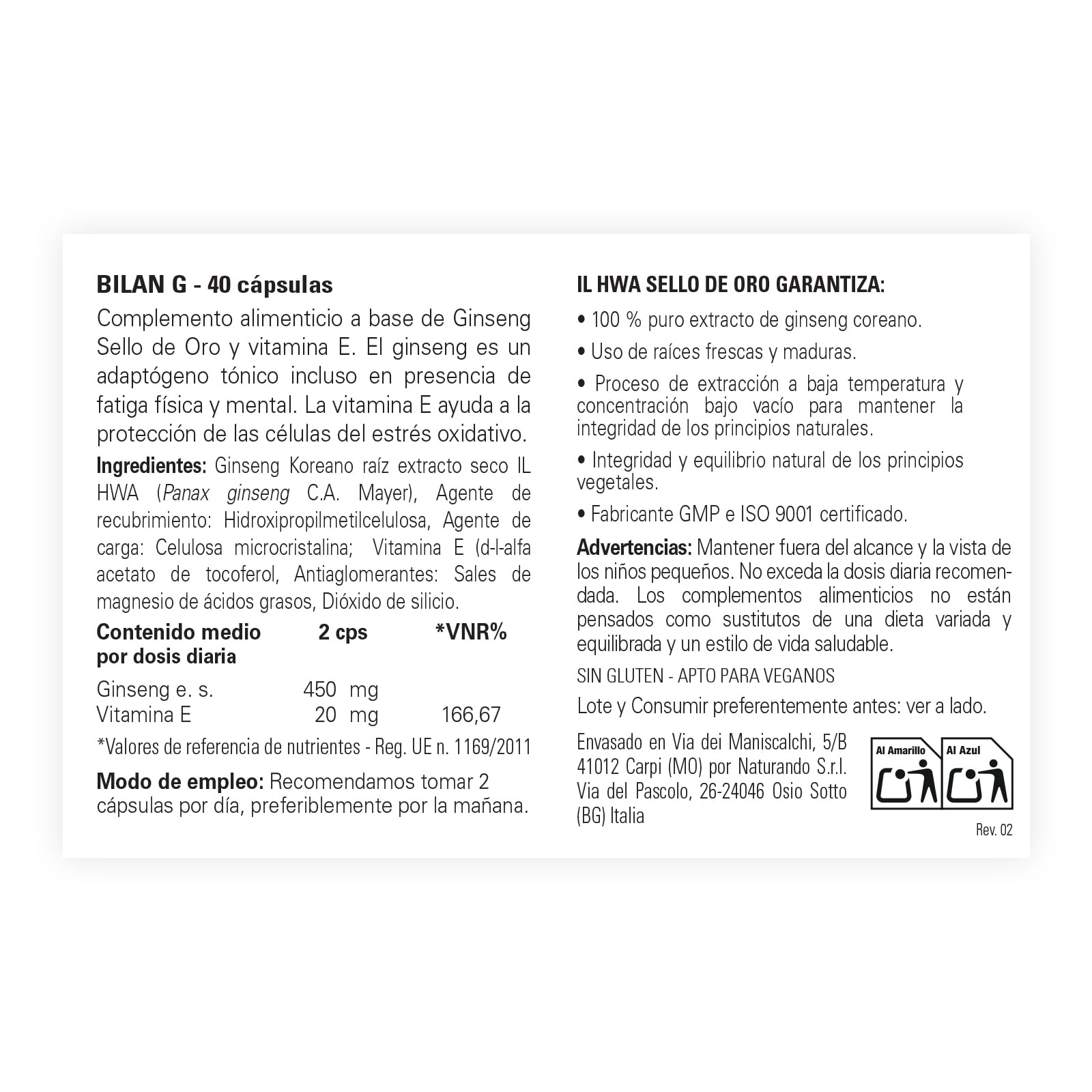 Naturando Bilan G Complemento Alimenticio A Base De Ginseng Sello Oro y Vitamina E en Extracto Seco - 40 Cápsulas