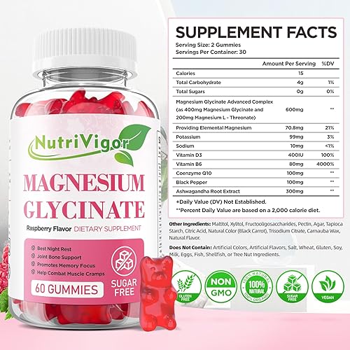 Miniatura 2 de NutriVigor Gomitas de glicinato de magnesio para niños y adultos, gomitas de suplemento de potasio y magnesio con vitamina D, B6, CoQ10, para