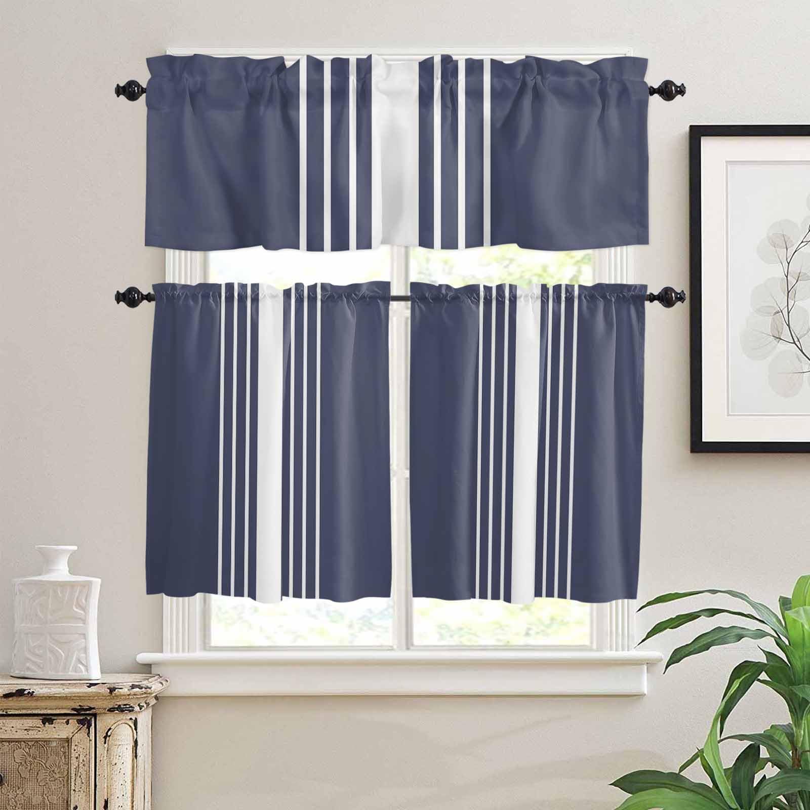Vintage Striped Kitchen Curtains 36 Inch Length, 3 Piece Rod Pocket Small Half Tiers and Valance Set, Midnight Blue Modern Simple Lines Small Large Window Treatment Decor for Bedroom/Bathroom Sink