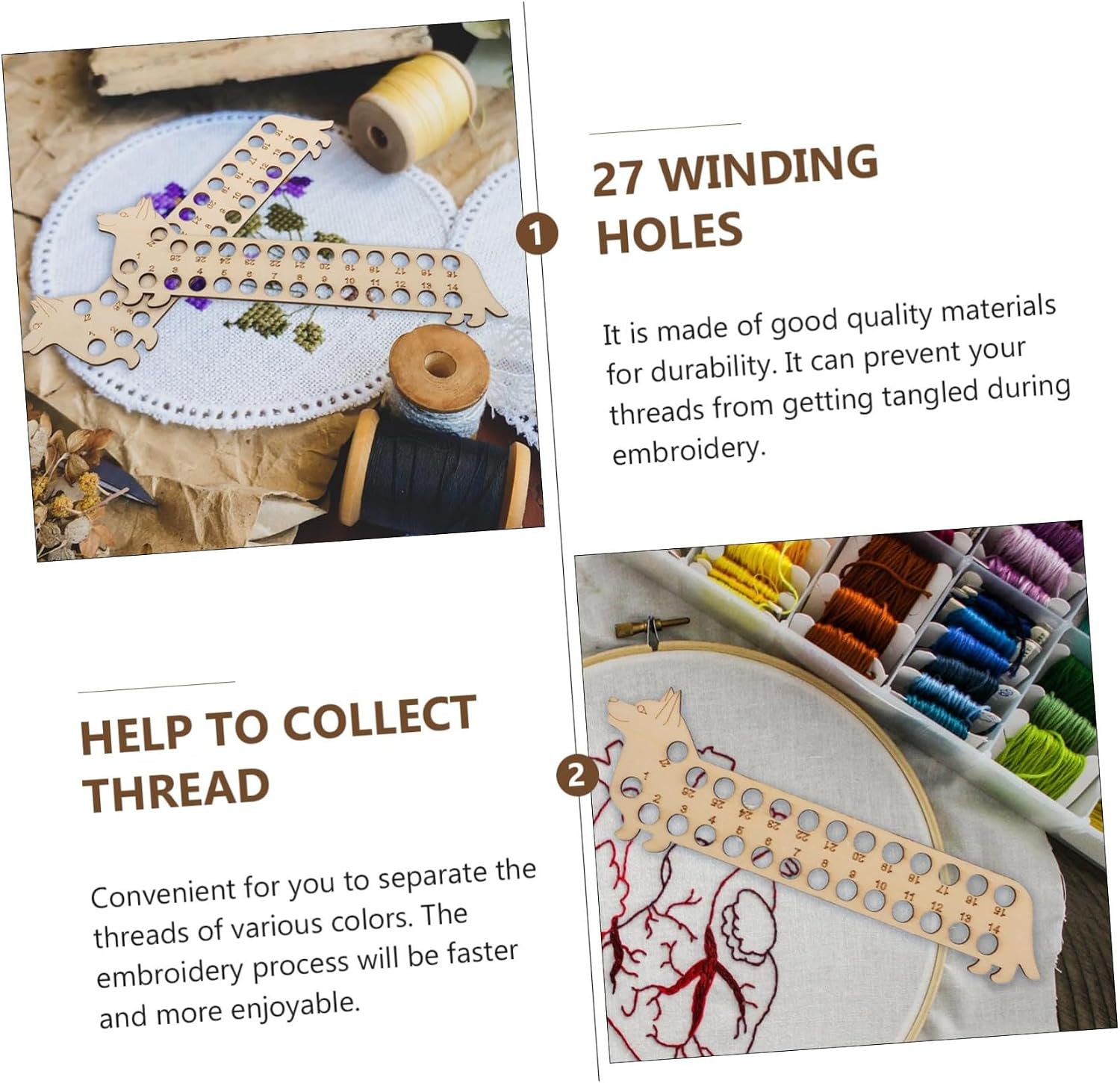 2Pcs Wooden Embroidery Winding Plate for Cross Stitch Thread Storage