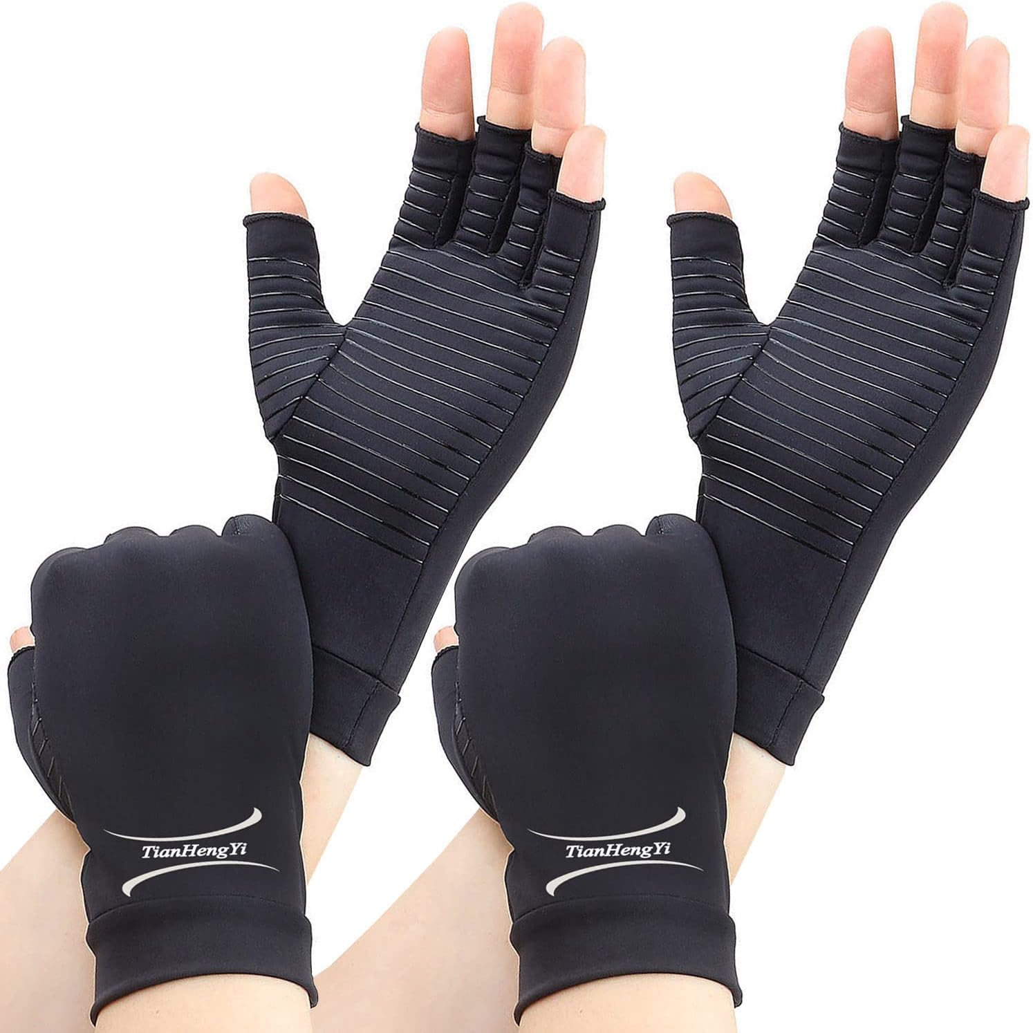 Tianhengyi2 Pairs Copper Arthritis Gloves for Women, Compression Gloves for Men for Pain, Fingerless Hand Gloves for Carpal Tunnel, Crochet, Relieve Pain, Swelling, Support Wrist and Joint, Typing (Medium)