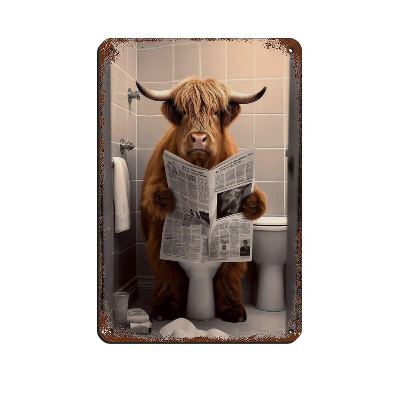 Lxwnze 20L X 30W Cm Scottish Highland Cow In Bathroom Poster Tin Sign Vintage Metal Pub Club Cafe Bar Home Wall Art Decoration Poster Retro 8X12inch(20X30cm)