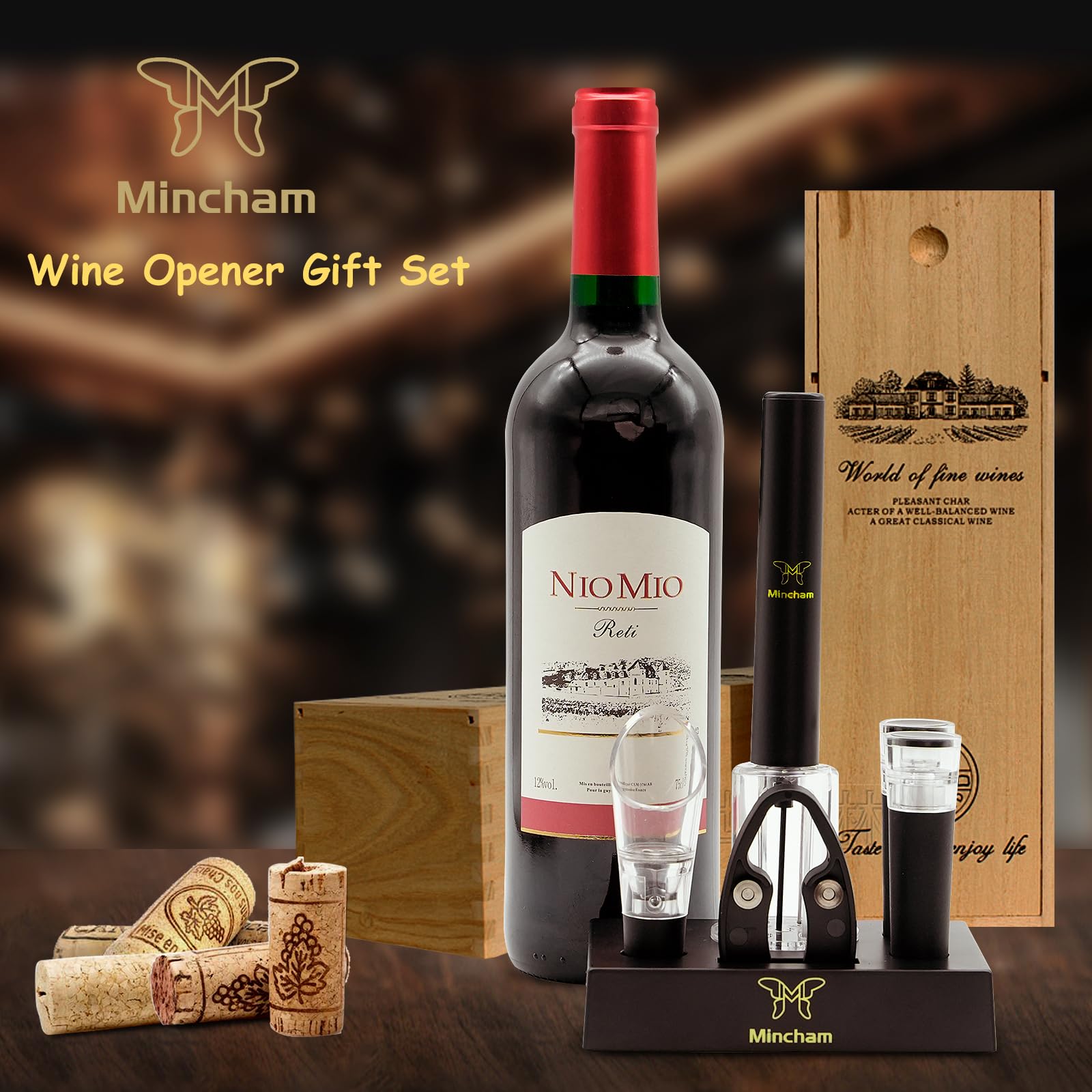 Abrebotellas de vino a presión de aire con cortador de papel de aluminio, vertedor de aireador de vino, 2 tapones de vino al vacío, base de almacenamiento (6 unidades), abridor de vino sacacorchos, el 6
