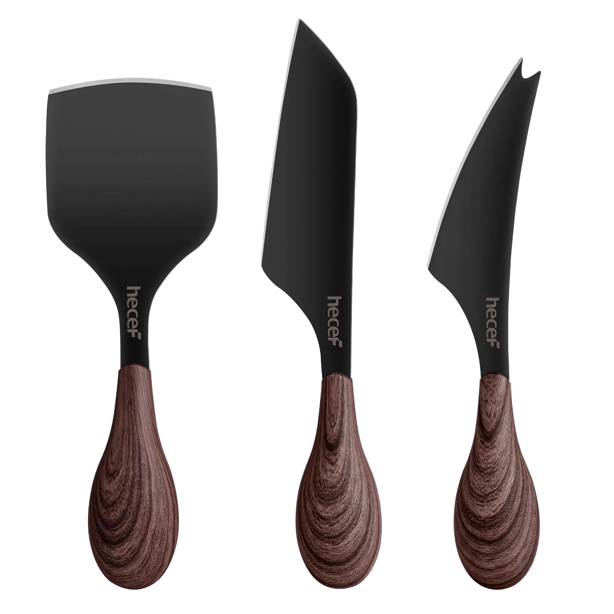 hecef 3 Piece Cheese Knife Set with Pronged, Hard Cheese & Chisel Knives, Matte Black Stainless Steel Cheese Knives with Walnut Grain Handles for Cheese Boards, Desserts, Butter & Entertaining