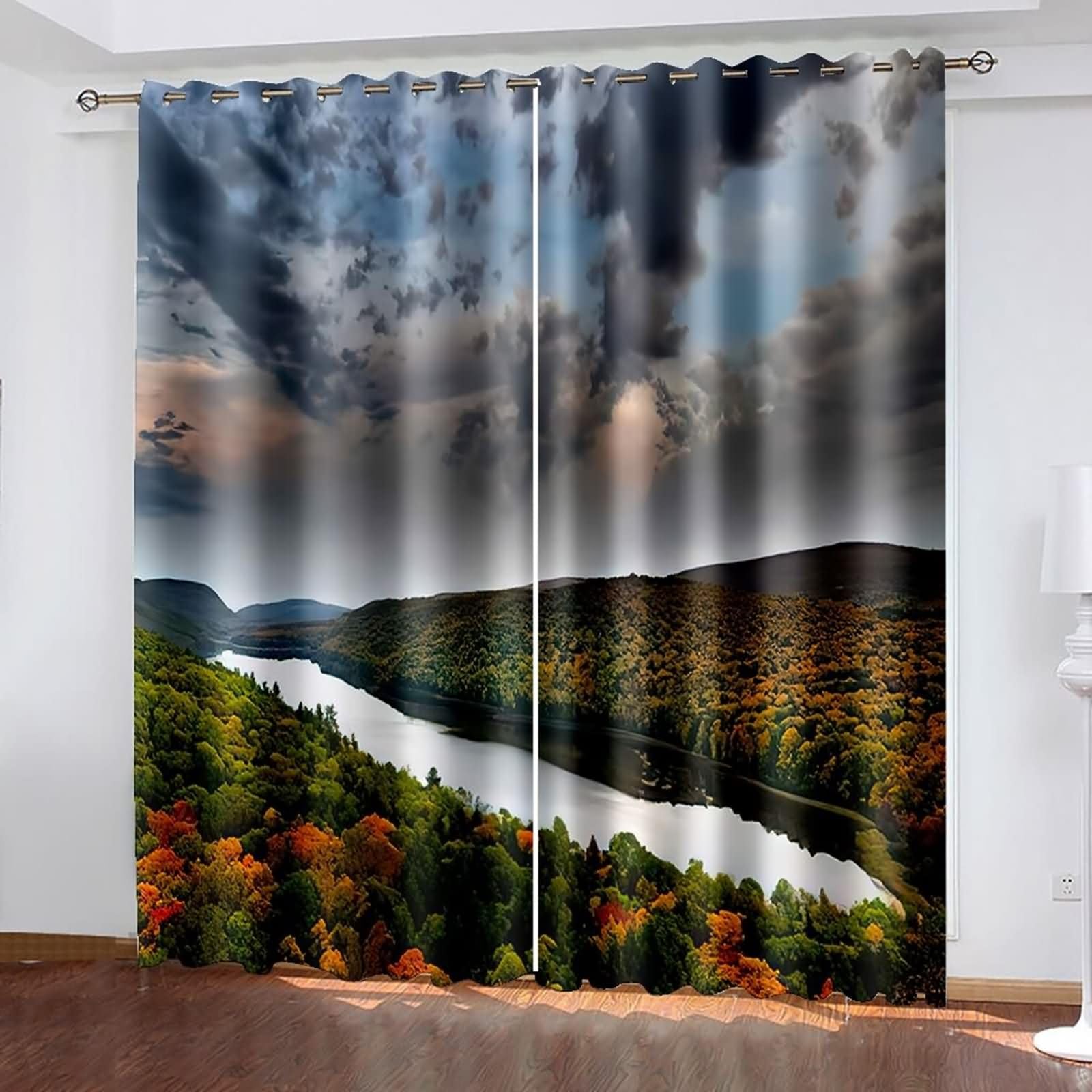 2er Set Gardine Blickdicht Verdunkelung,2 x 152W x 214H cm,Vorhänge Wohnzimmer mit Ösen Fluss und Baumlandschaft Grün Grau Gardinen für Schlafzimmer Modern