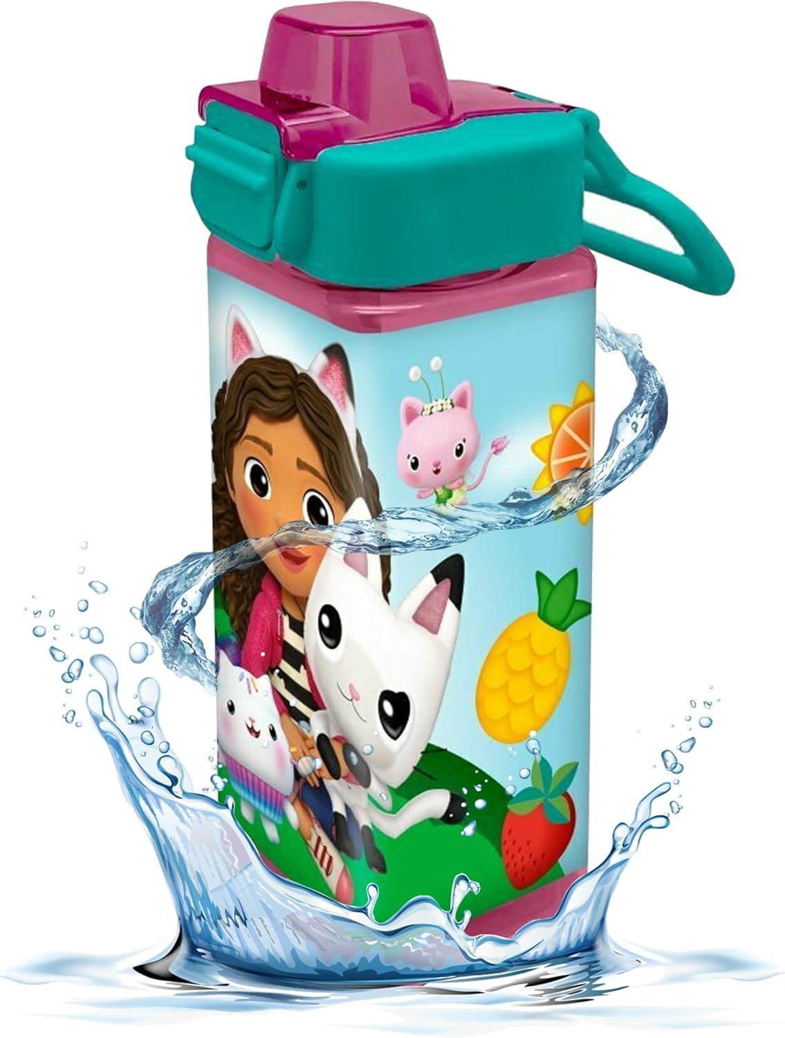 Gabby's Dollhouse Water Bottle for Kids 500ml - Flip-Up School Drinks Bottle for Travel or Home, Reusable Square Water Bottle BPA Free, Locking Spout — image 1