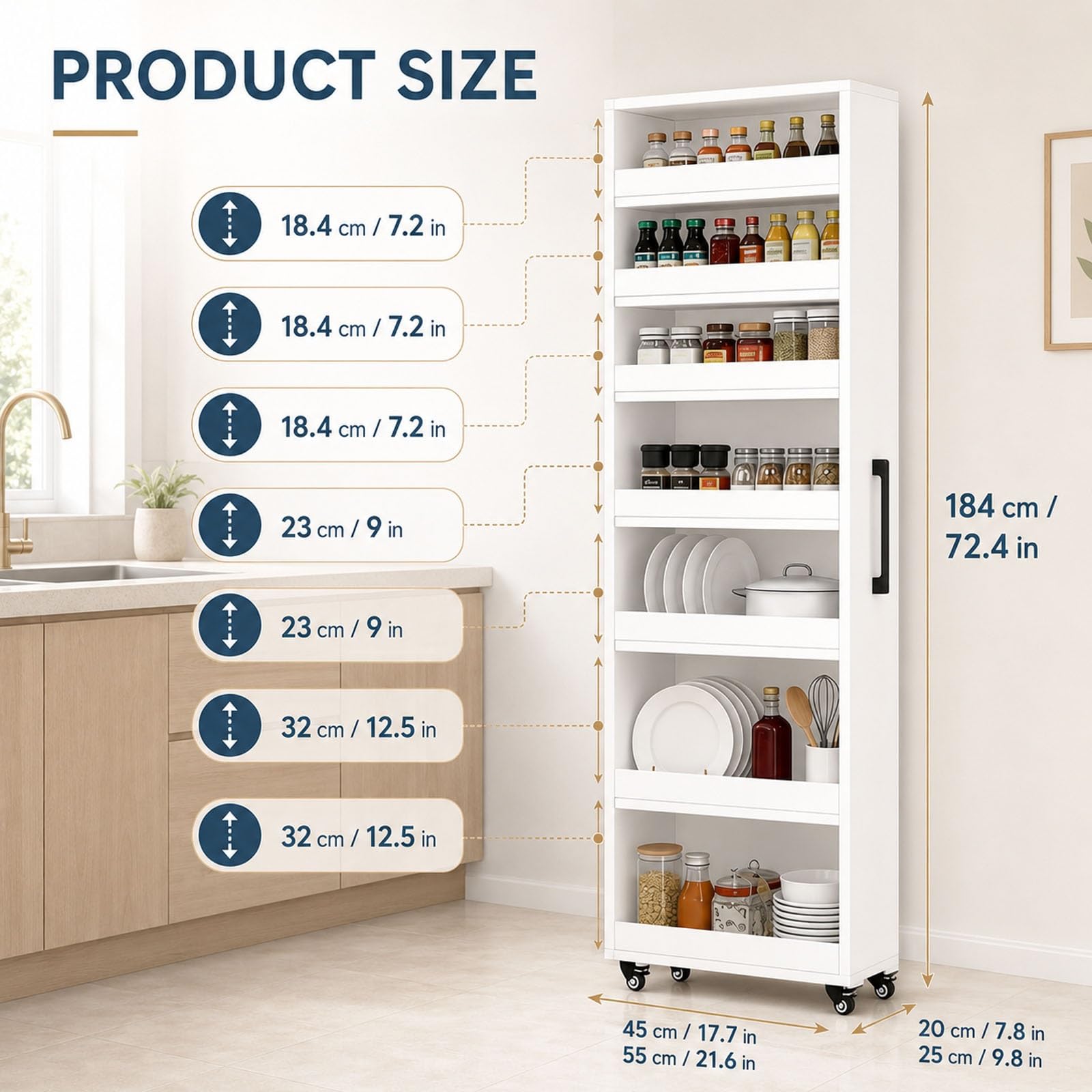 Carrito De Almacenamiento Grande Y Delgado, Gabinete Estrecho, Organizador De Cocina con Ruedas Y Asa, Estantería Alta para Despensa, Mueble Auxiliar para Rincones Pequeños | Wood,25x45x183cm