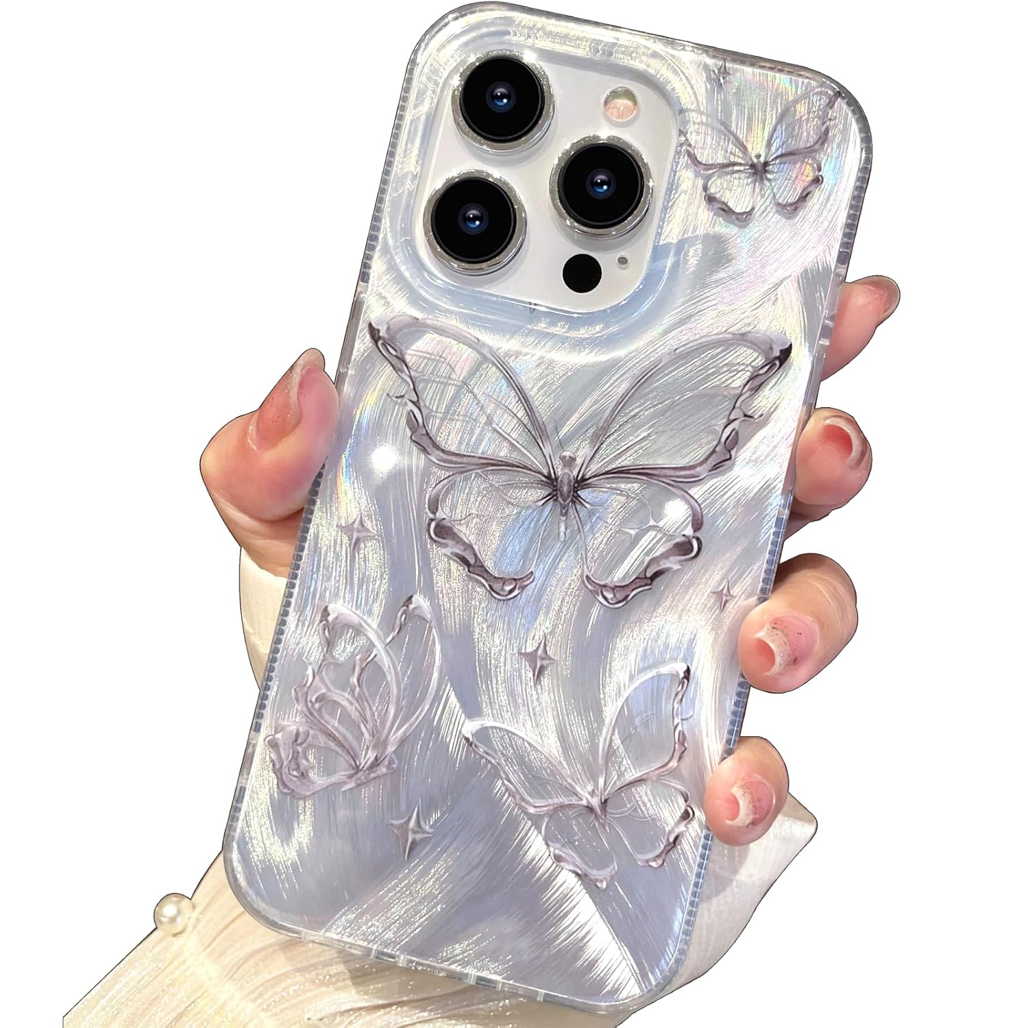 I-MGAE-IN-AR Compact Case for iPhone 14 Pro Max Shiny Silver Butterfly Design Cute Trendy Soft Slim TPU Shockproof
