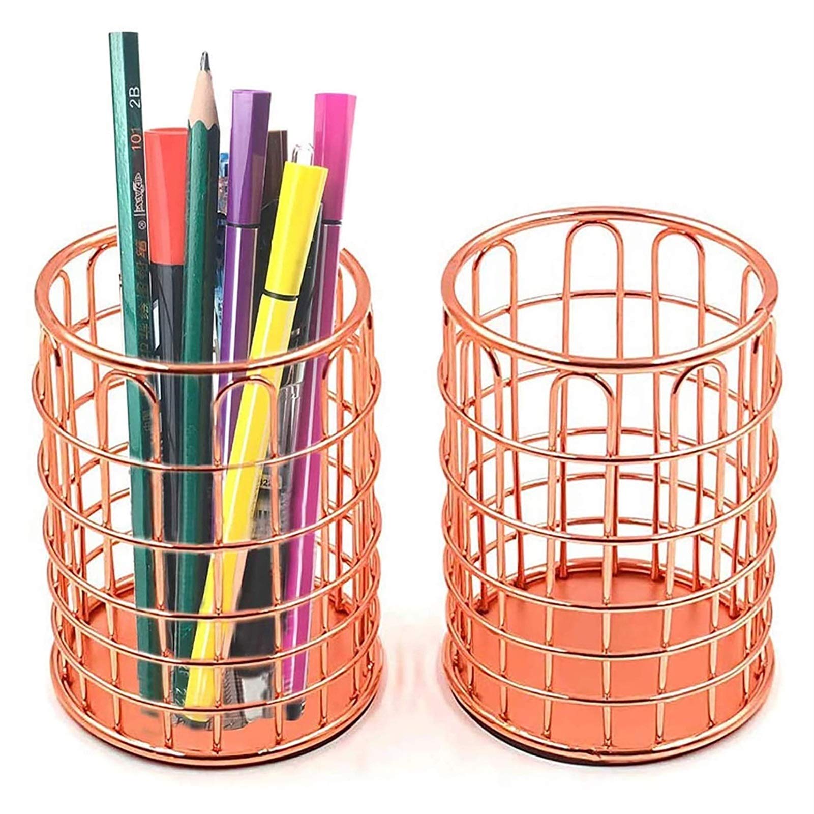 Confezione da 2 contenitori per Penne in Metallo, Porta pennelli per Il Trucco per scrivania e Ufficio, Oro Rosa per scrivania, portapenne