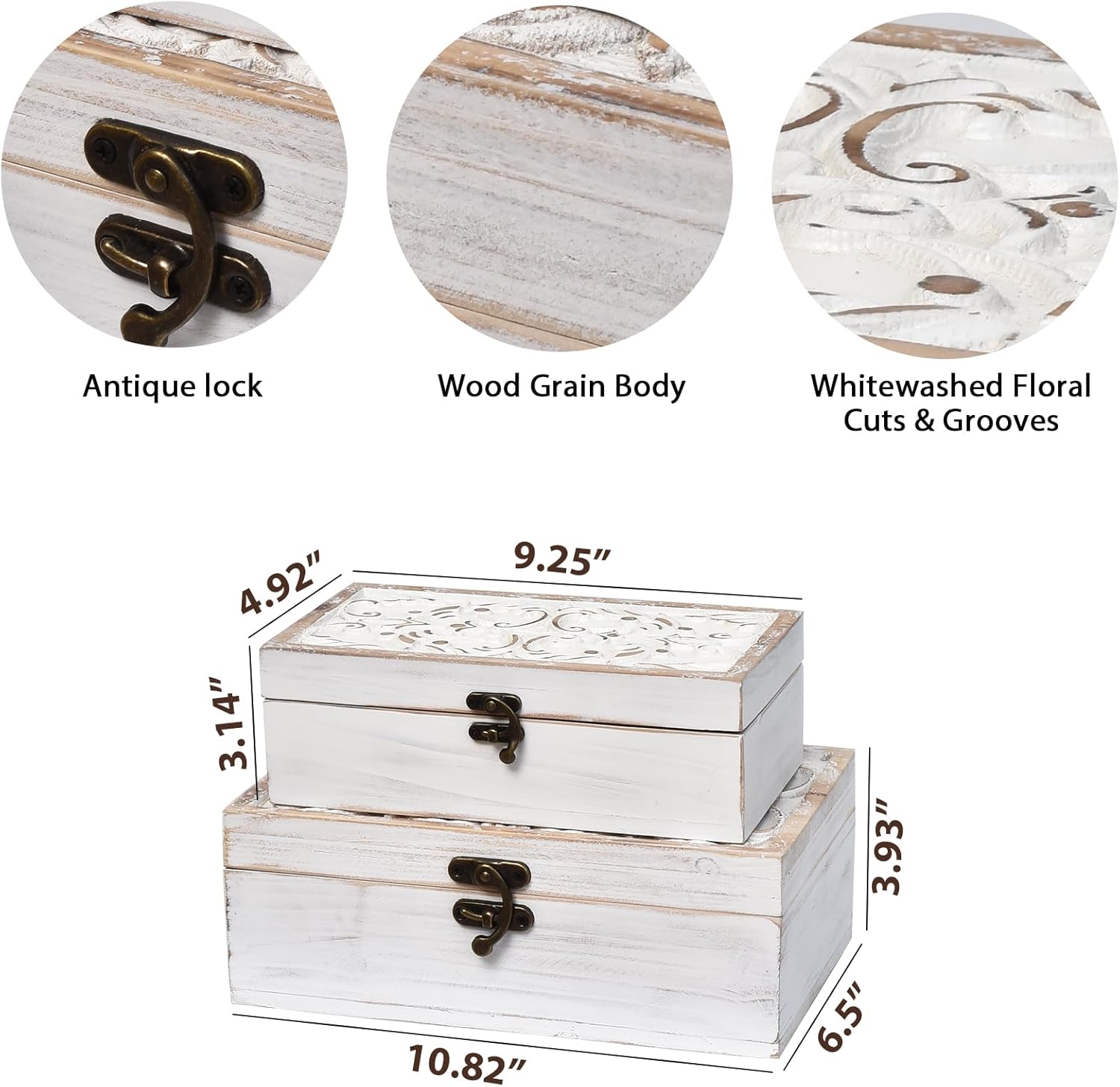 White Wooden Storage Box Set of 2 - Distressed White-Washed Decorative Boxes with Hinged Lids - Hand Carved Solid Pine Organizer for Jewelry, Keepsakes, and Shabby Chic Home Décor