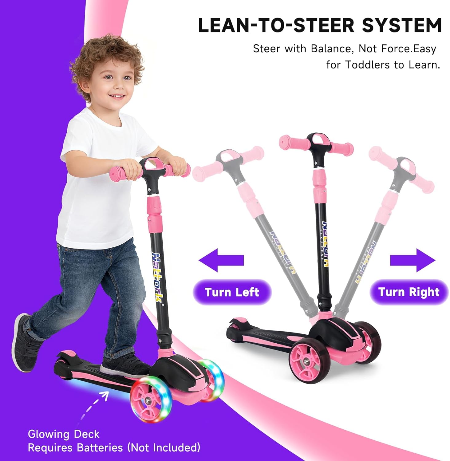 Nattork Kids Scooter for Age 3-8, Toddler Scooter with 4 Adjustable Height for Boys & Girls, Light Up 3-Wheels Foldable Kick Scooter, Lean to Steer, 120LB Weight Capacity