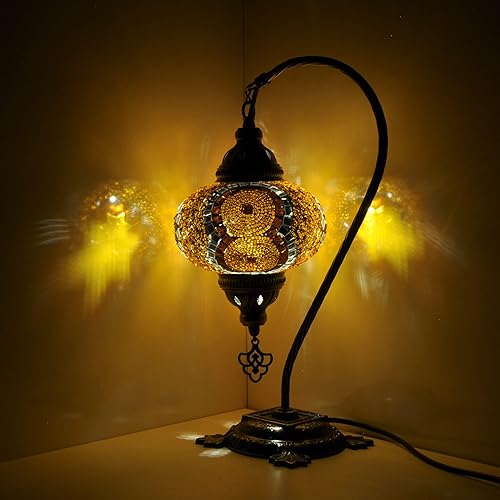 Miniatura 3 de Turkish Lamp Mosaic Table Lamps | Turkish Moroccan Lamp with Bronze Base | Handmade Swan Neck Tiffany Night Lamp | Mosaic Glass Bedside Night Lamp