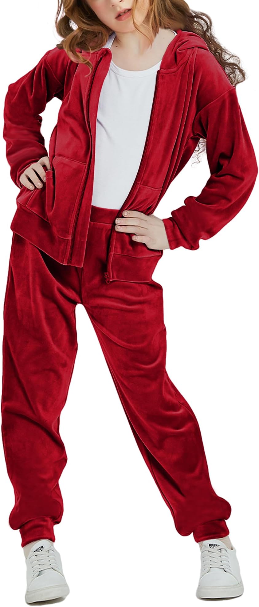 Woolicity Girls Sweatsuits Set Velour Tracksuit 2 Piece Outfits Zip Up Hoodies and Pants Sportswear Jogging Set