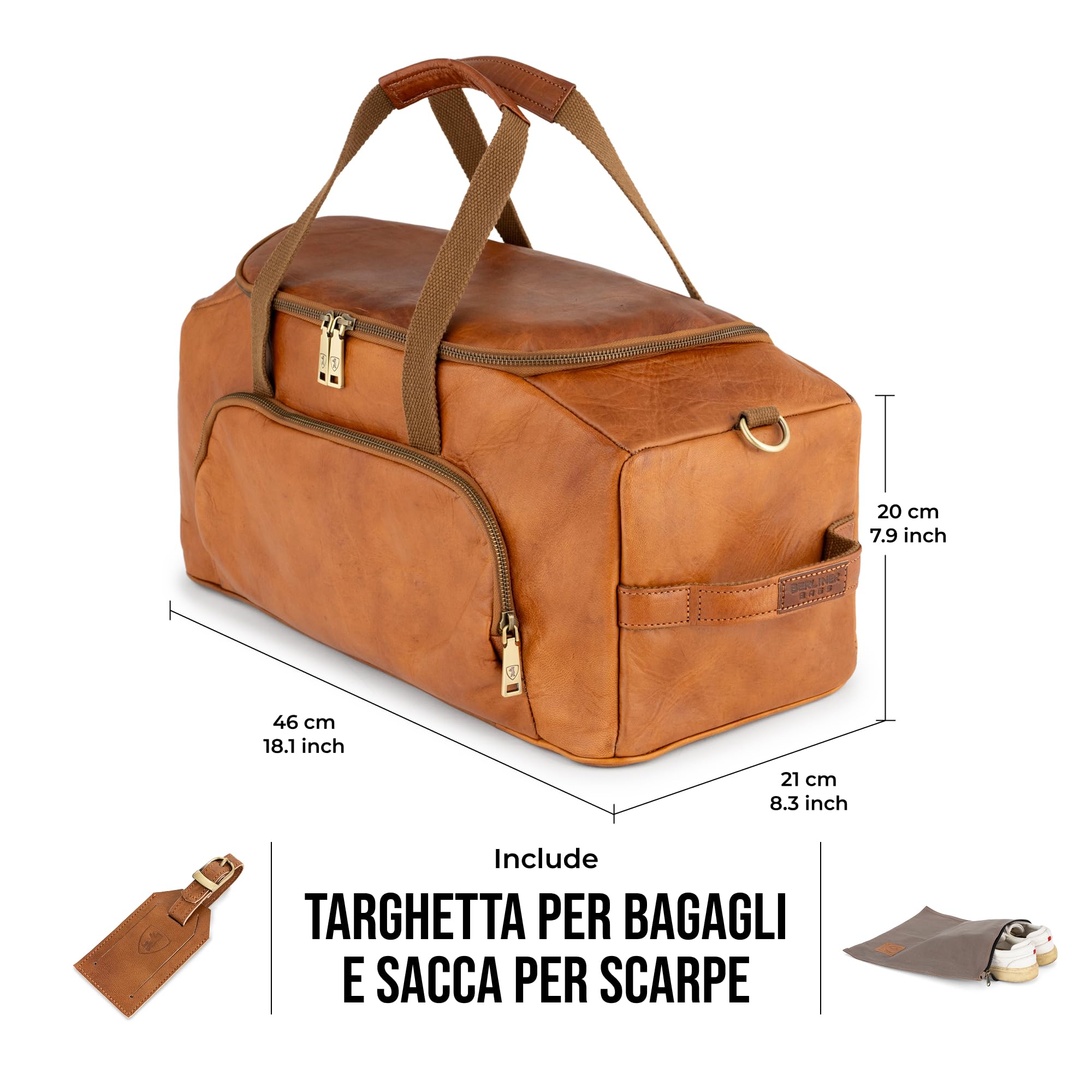 Berliner Bags Borsone da Viaggio Denver M in Pelle Conciata al Vegetale, Compatto con Tracolla Regolabile, Ideale per Weekend e Tempo Libero, Uomo e Donna – Marrone