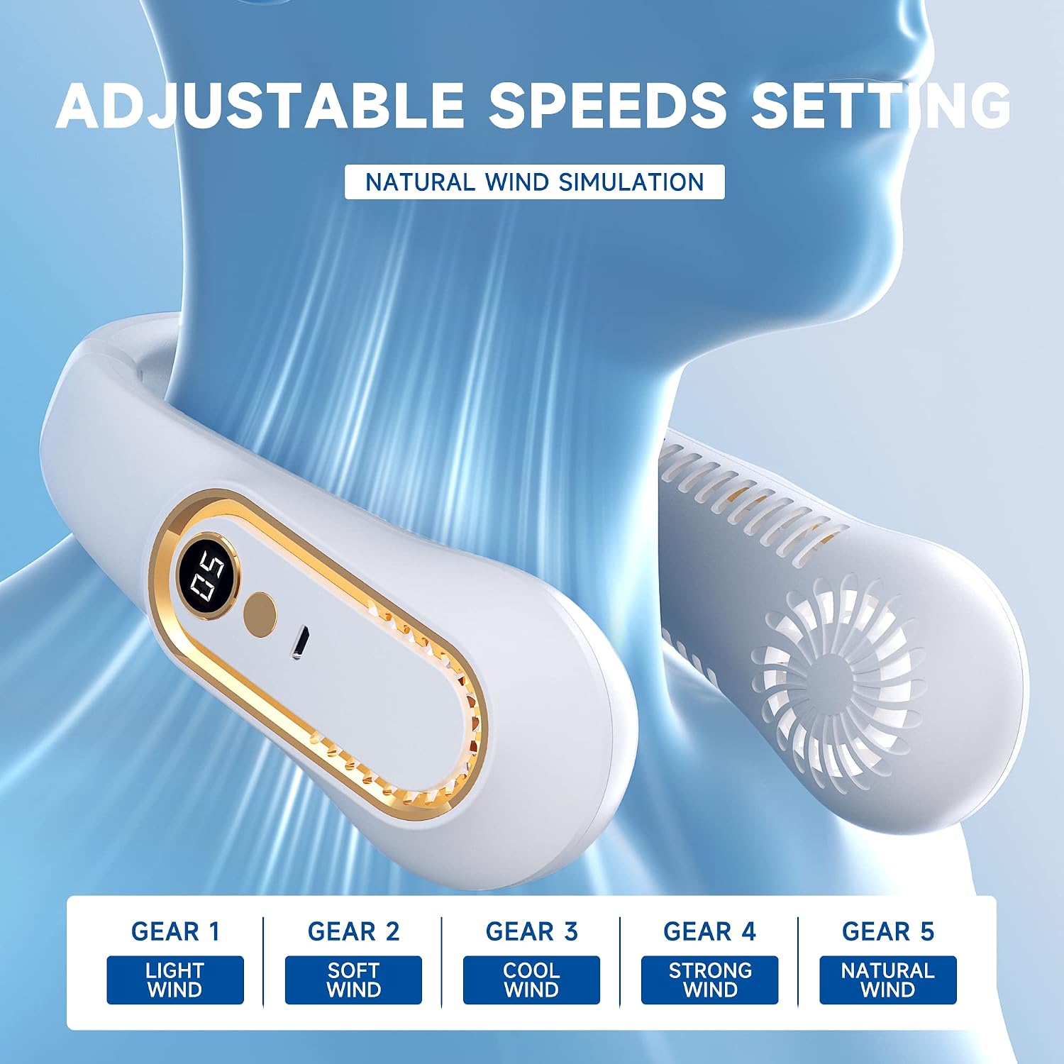 Portable Neck Fan, 5 Speeds Adjustable USB Rechargeable Personal Fan, 720° Cooling Airflow Bladeless Neck Fan with LED Display, Small Battery Powered Fan for Outdoor Travel Camping Office Home