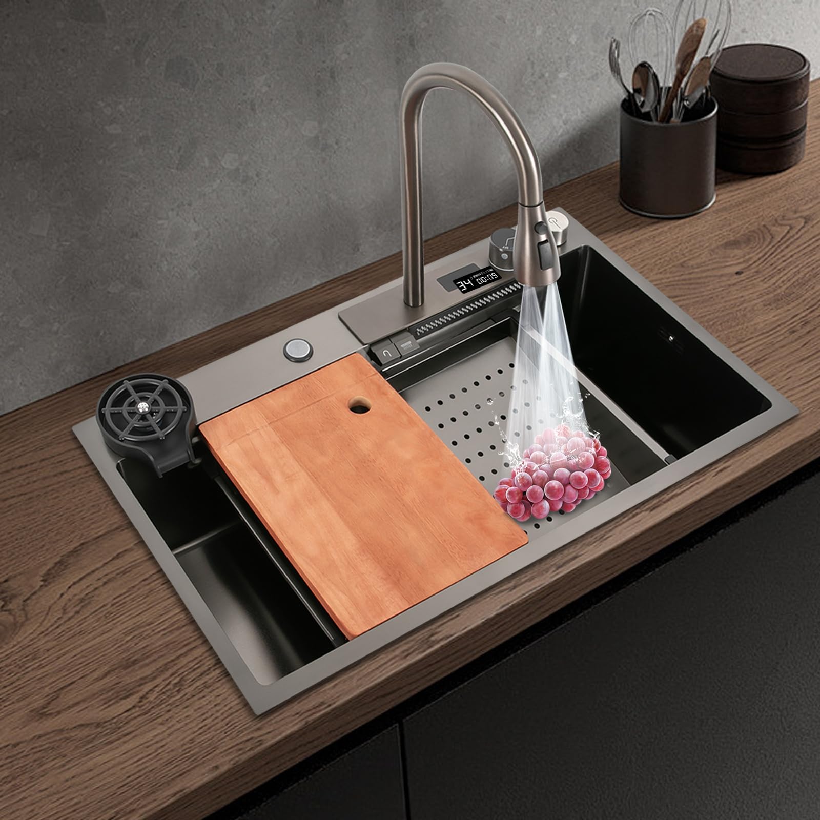 Zestaw umywalek ze stali nierdzewnej premium z cyfrowym wyciąganym kranem – 80 x 46 x 20 cm, zlewozmywak kuchenny, pasuje do czyszczenia naczyń, owoców, warzyw i zwierząt domowych