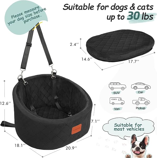 Lealchum Dog Car Seat with 2 Safety Dog Leashes, Safe Pet Travel Car Seat with Non-Slip Bottom, Fully Removable and Washable Seat for Dog, Soft Memory Foam Puppy Seat for Car (Black, Small) - 2
