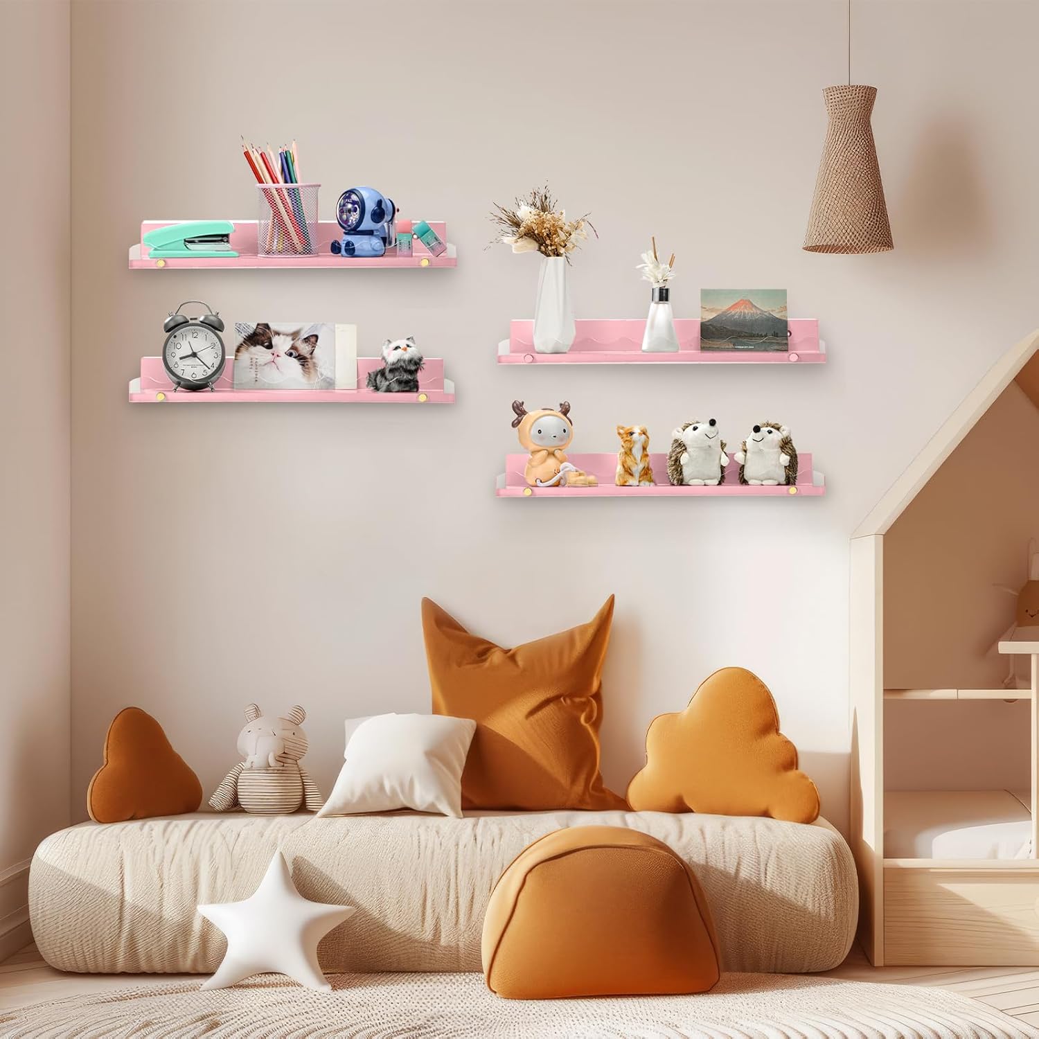 4-Pack 16.5 Inches Nursery Book Shelves for Wall, Clear Acrylic and Wooden Floating Rack for Bedroom Kids, Scalloped Book Shelves, Toddler Room, Playroom & Nursery Decor