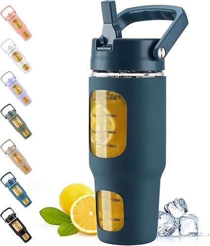 kytffu Vaso de vidrio de 40 onzas con popote y tapa, taza de café helado reutilizable con asa y funda de silicona, botellas motivacionales con