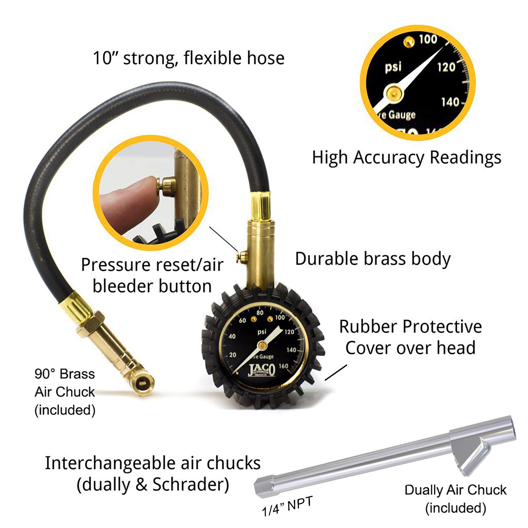 JACO EliteProPlus Tire Pressure Gauge with Dually Air Chuck 160 PSI
