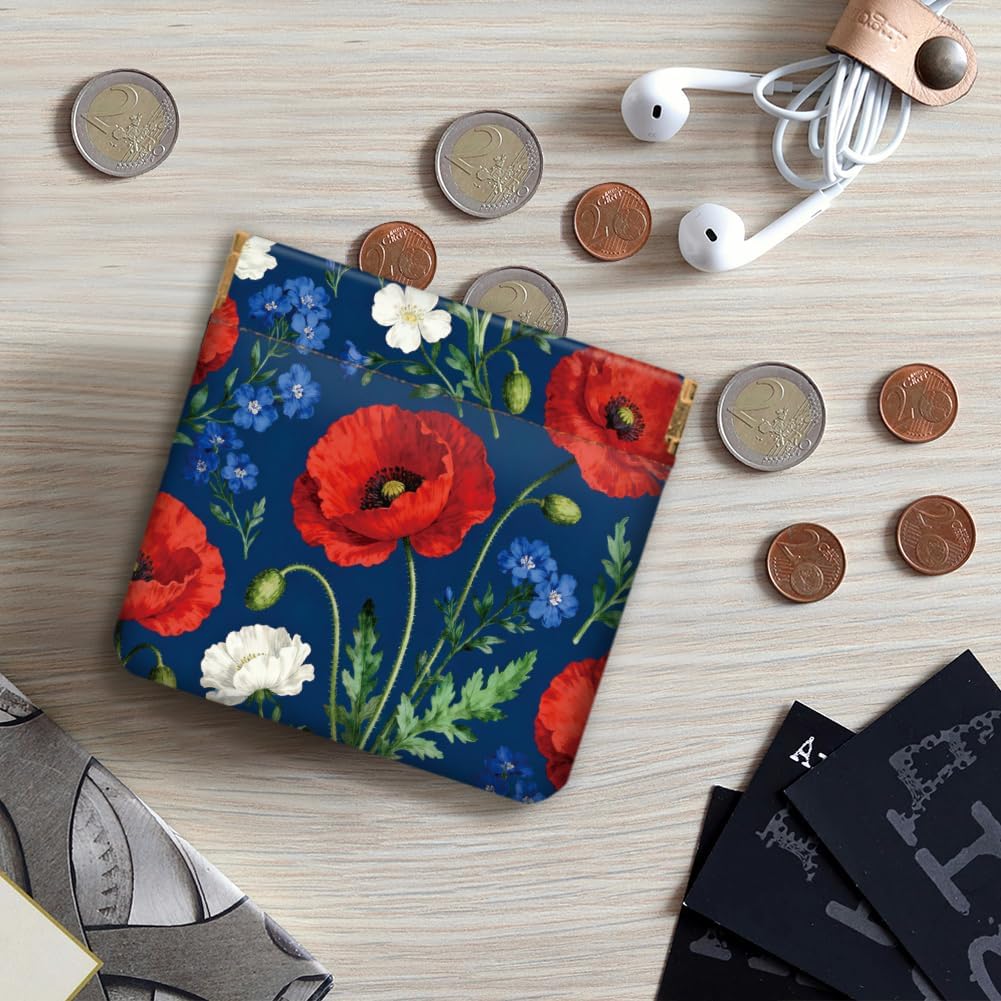 Peacoblue 4Pcs Small Leather Squeeze Coin Purse for Women-Poppies and Butterflies Pattern Waterproof & Durable Snap Closure Change Pouch Mini Money Wallet Bag for Adult Teen Girls Best Gift - Image 6