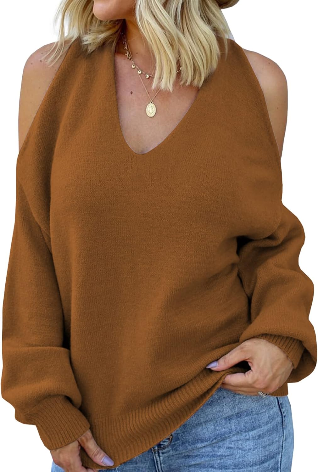 Asvivid Cut Out Cold Shoulder Twist Knot Pullover Sweaters for