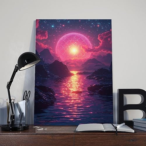 Miniatura 8 de Vaporwave Neon Sunset - Póster de pared con diseño de pixeles, arte futurista, cibernético, moderno, impresiones de pared abstractas, geométricas,
