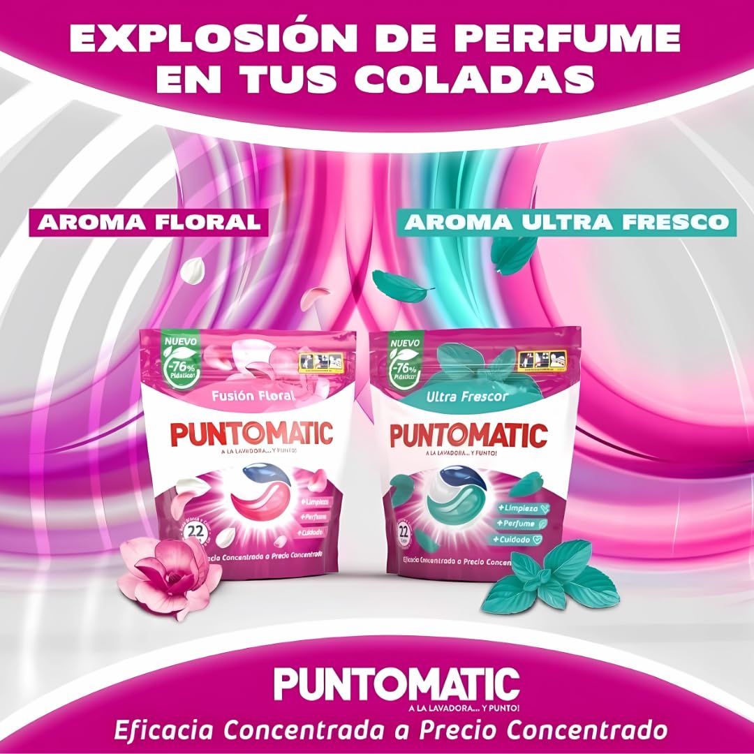PUNTOMATIC | Cápsulas Tricámara Floral | Detergente Lavadora para Ropa Blanca y de Color | Quitamanchas | 34+14 (48) lavados, 4 Unidades 192 Lavados (192)