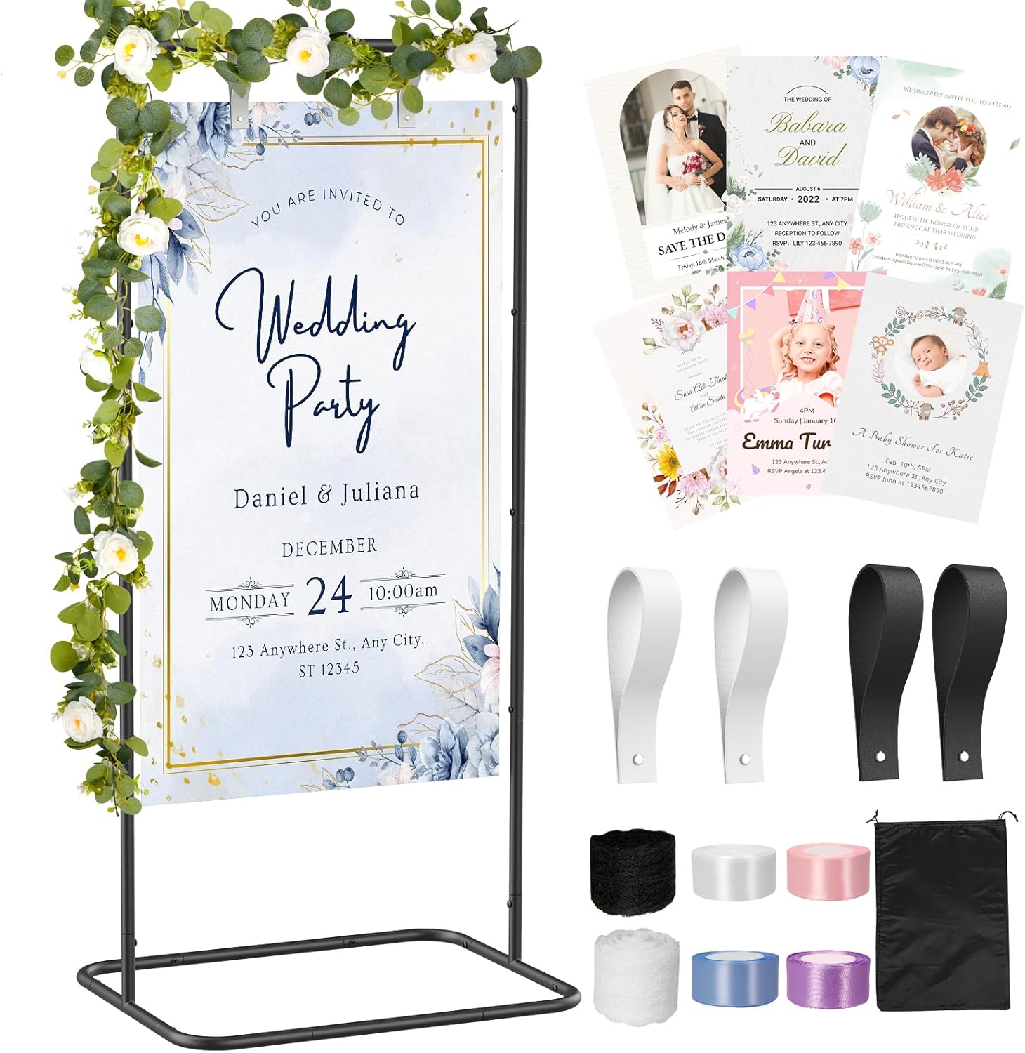Wedding Welcome Sign Stand, Adjustable Welcome to Our Wedding Sign Holder with Poster Design & Leather Hanging Straps & Vine, Black Easel Stand for Welcome Sign, Party, Seating Charts, Wedding Decor
