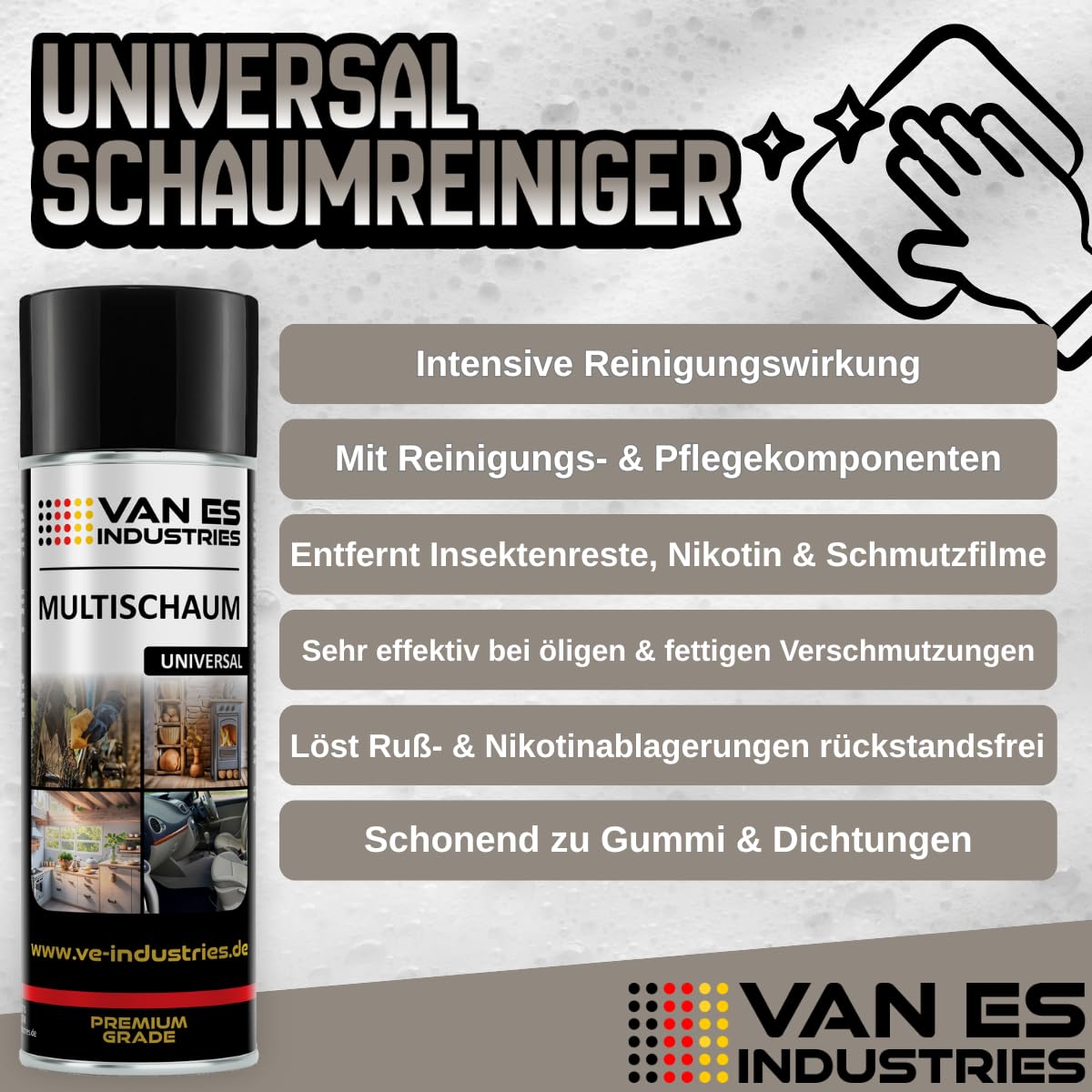 VE Industries | VAN ES Multi-Schaum 12 x 400ml | Universal Schaumreiniger für Polster, Scheiben, Kunststoff und Metall | Ultra Clean Aktivschaum