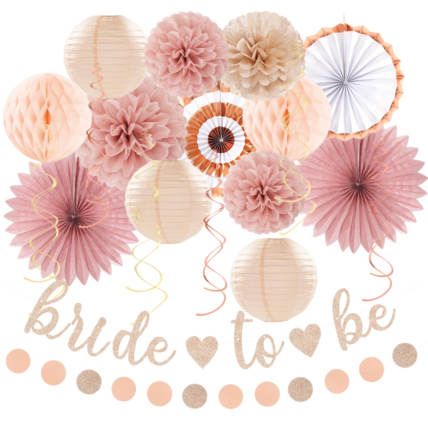 Blush-Pink Rose-Gold Bridal-Shower Party Decorations - 21pcs Bride to Be Sign Banner,Bachelorette Paper Lanterns Honeycomb,Wedding Streamers Garland,