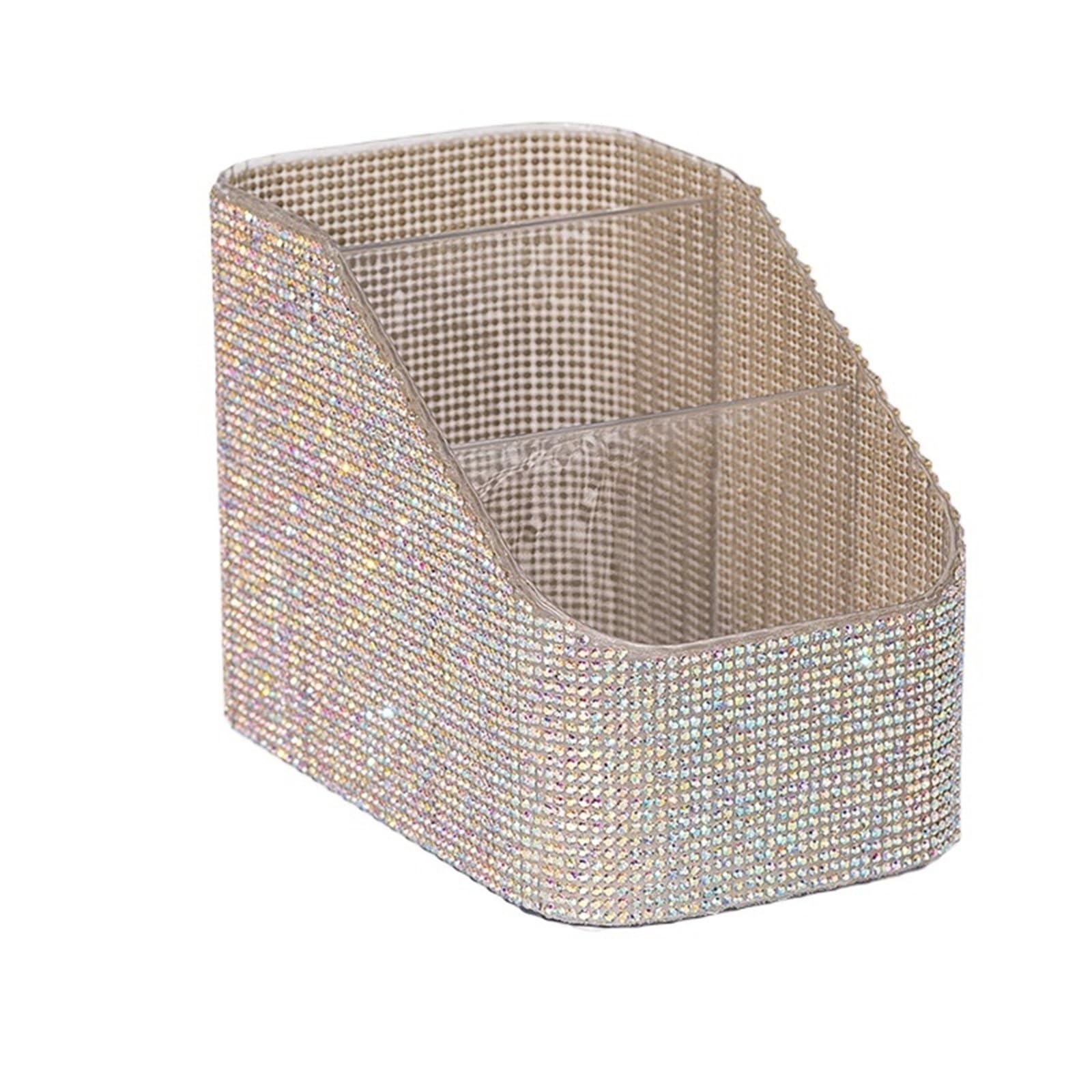 LOVSSU Sparkling Rhinestone Makeup Brush Organizer Plastic Compartment Large Capacity Brushes Cosmetic Storage Box(WHite AB)