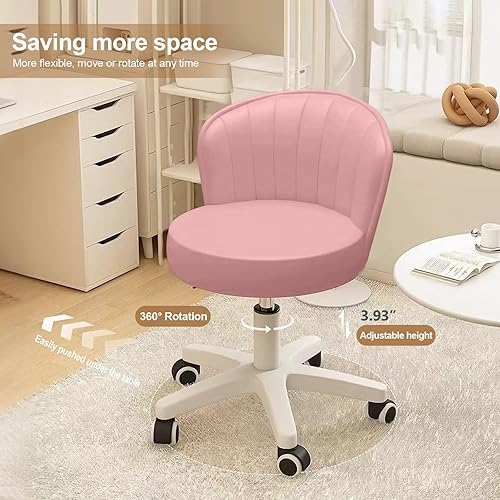 Miniatura 3 de Silla pequeña redonda de escritorio con ruedas, cómoda silla de tocador para computadora con respaldo bajo, piel sintética, altura ajustable,