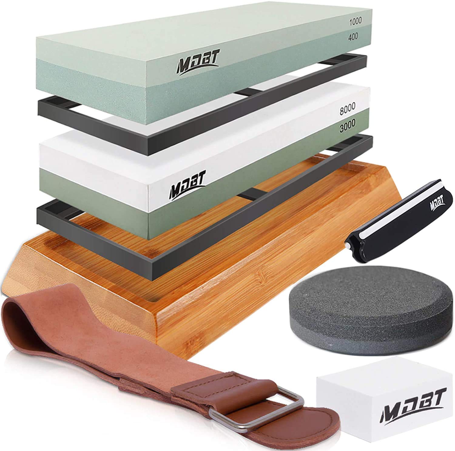 MDBT Complete Knife Sharpening Stone Set, Premium Whetstone Knife Sharpening Kit - Dual Grit 400/1000 3000/8000 Waterstone with Bamboo Base, Angle Guide, Leather Strop, Axe Sharpener, Flatting Stone