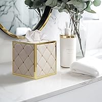 Vista 2 de Funda para caja de pañuelos, soporte de piel acolchada de color blanco cremoso con parte inferior magnética, cubierta cuadrada de caja de pañuelos