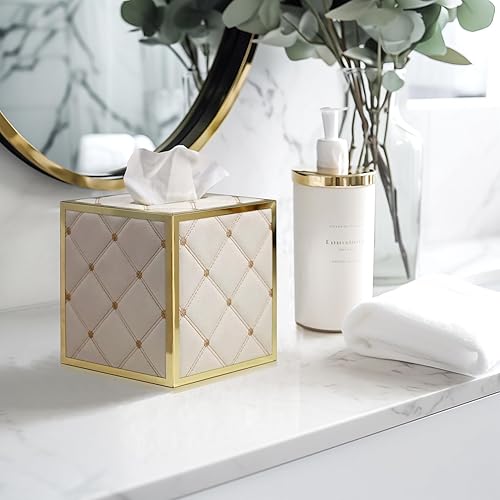 Miniatura 2 de Funda para caja de pañuelos, soporte de piel acolchada de color blanco cremoso con parte inferior magnética, cubierta cuadrada de caja de pañuelos