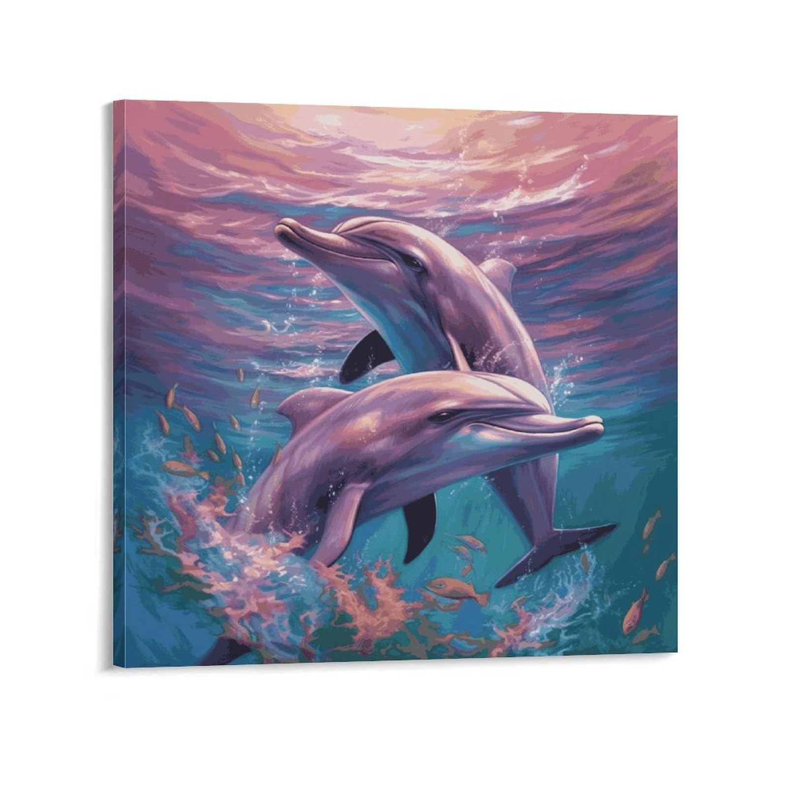 KLOPH Dolphins Art Canvas Wall Art for Living Room 10x10inch Modern Artwork Painting for Bathroom Hanging Canvas Prints Aesthetic Wallart for Bedroom Kitchen Office Wall Decor