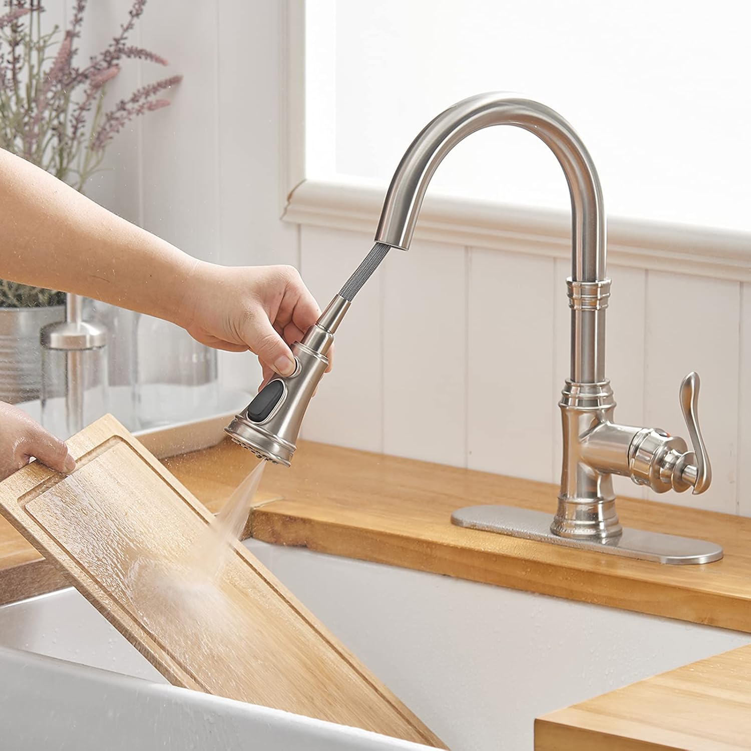 BWE Kitchen Faucet with Pull Out Sprayer 3 Spray Modes Brushed Nickel Single Handle Bundle with Bathroom Faucet Brushed Nickel Waterfall Single Handle Hole Sink Faucets