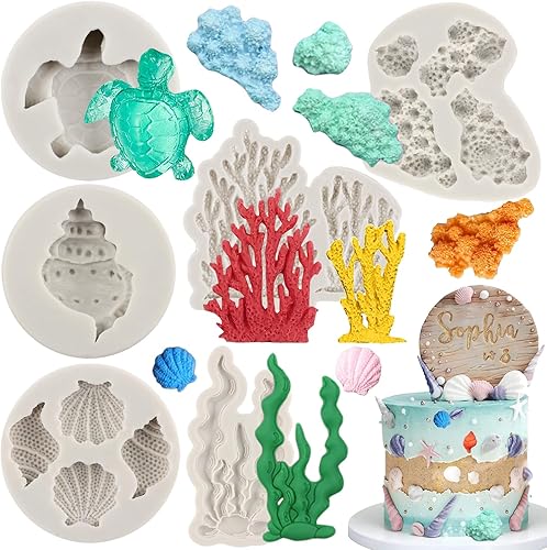 Moldes de fondant con temática marina, tortuga marina, concha, algas marinas, coral, moldes de silicona para decoración de pasteles, decoración de