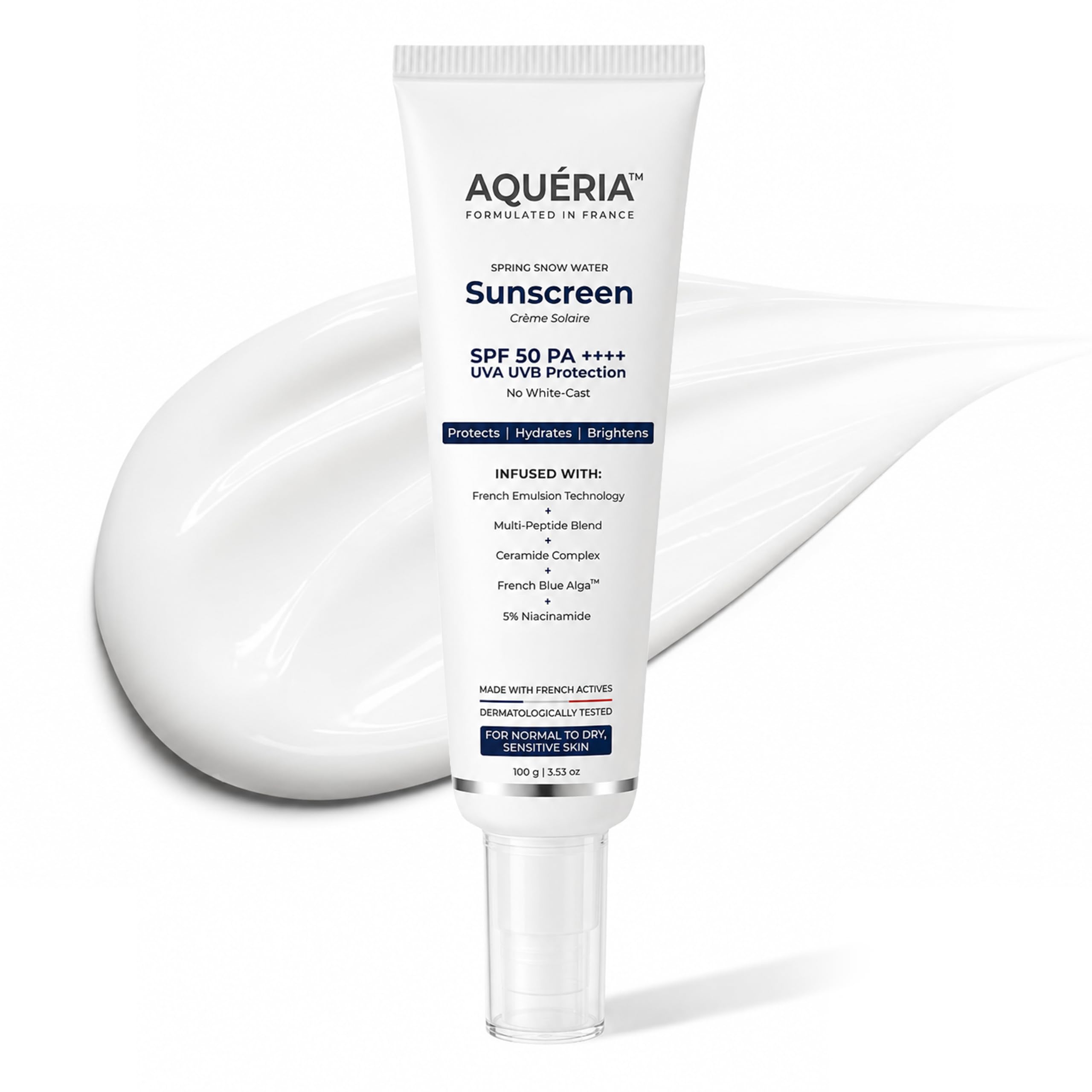 Aqueria Brightening & Moisturizing Multi-Active French Sunscreen SPF 50 PA++++ | In-Vivo/In-Vitro Tested | 5% Niacinamide, 5 Ceramides & Vitamin E | Modern UV Filters | Broad Spectrum UVA/UVB & Blue Light Protection | Lightweight, No White Cast, Sweat Resistant | Suitable for Daily Use | For Normal, Dry & Sensitive Skin | 100g-image-41