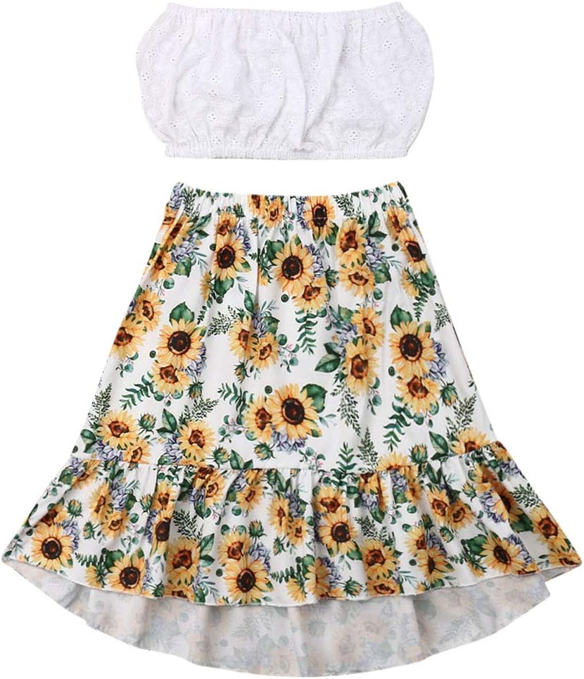 Toddler Baby Girls Ruffle Tube Top+Boho Floral Skirt Summer Outfit Clothes Two Piece Set(White Tube Top+Sunflower Skirt, 5-6T)