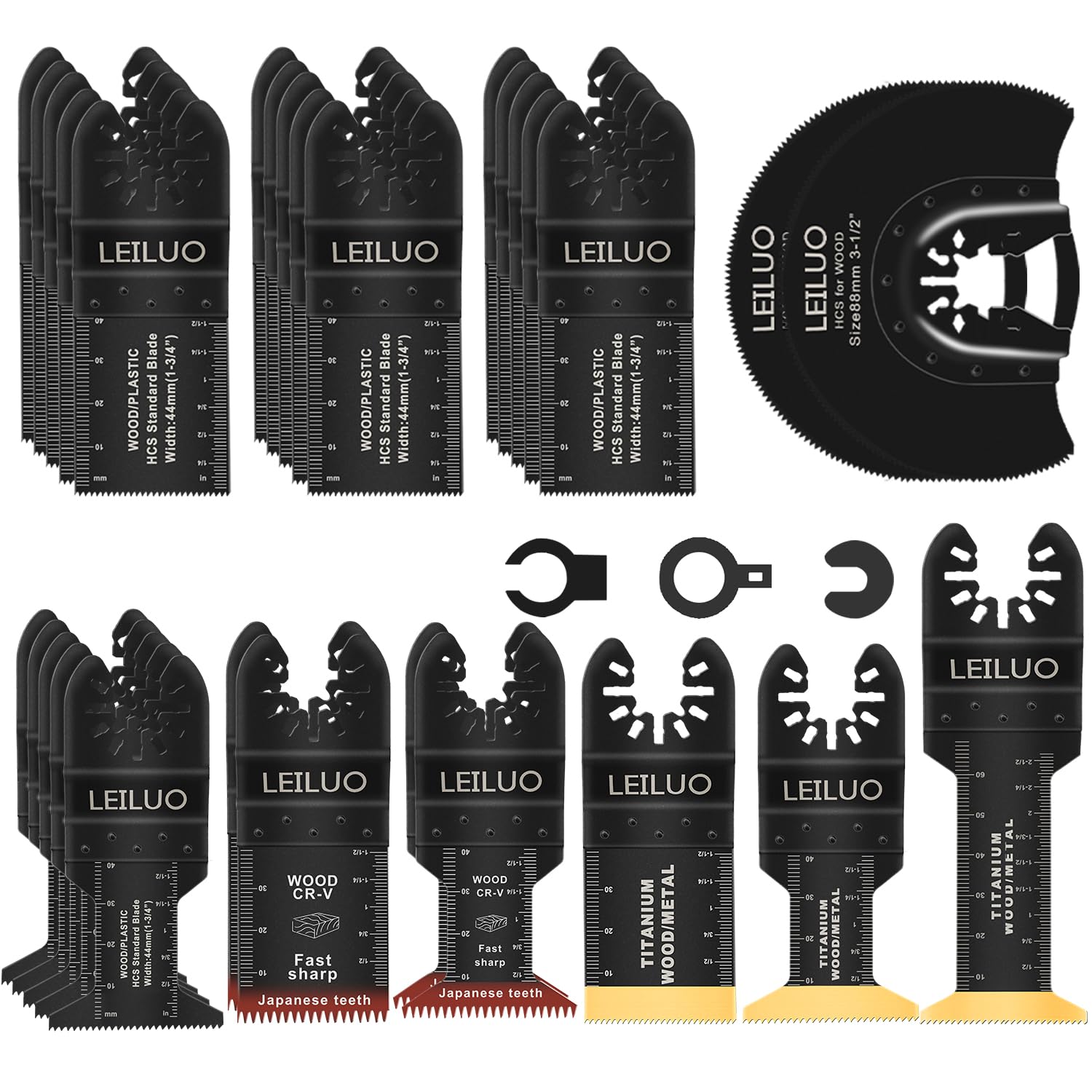 LEILUO 32 Pcs Titanium Multitool Blade Kits for Wood Nails Drywall Japanese Tooth Multi Tool Blades Universal Oscillating Saw Accessories with Storage Bag Compatible with DeWalt Makita Dremel and More